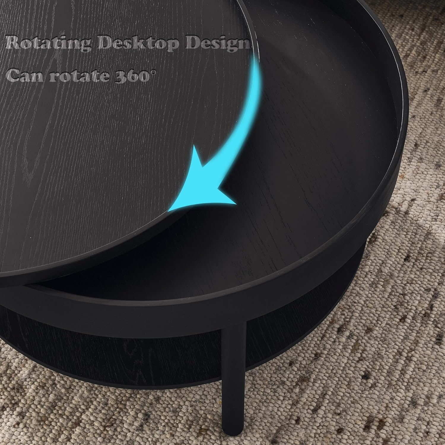 Circular Coffee Table, Living Room Table with 3-Layer 31.5 Inch Storage Rotating Tabletop, 3-Layer Tea Table Made Entirely of Rubber Wood and MDF Board (Black, 31.5"x31.5"x17.75)