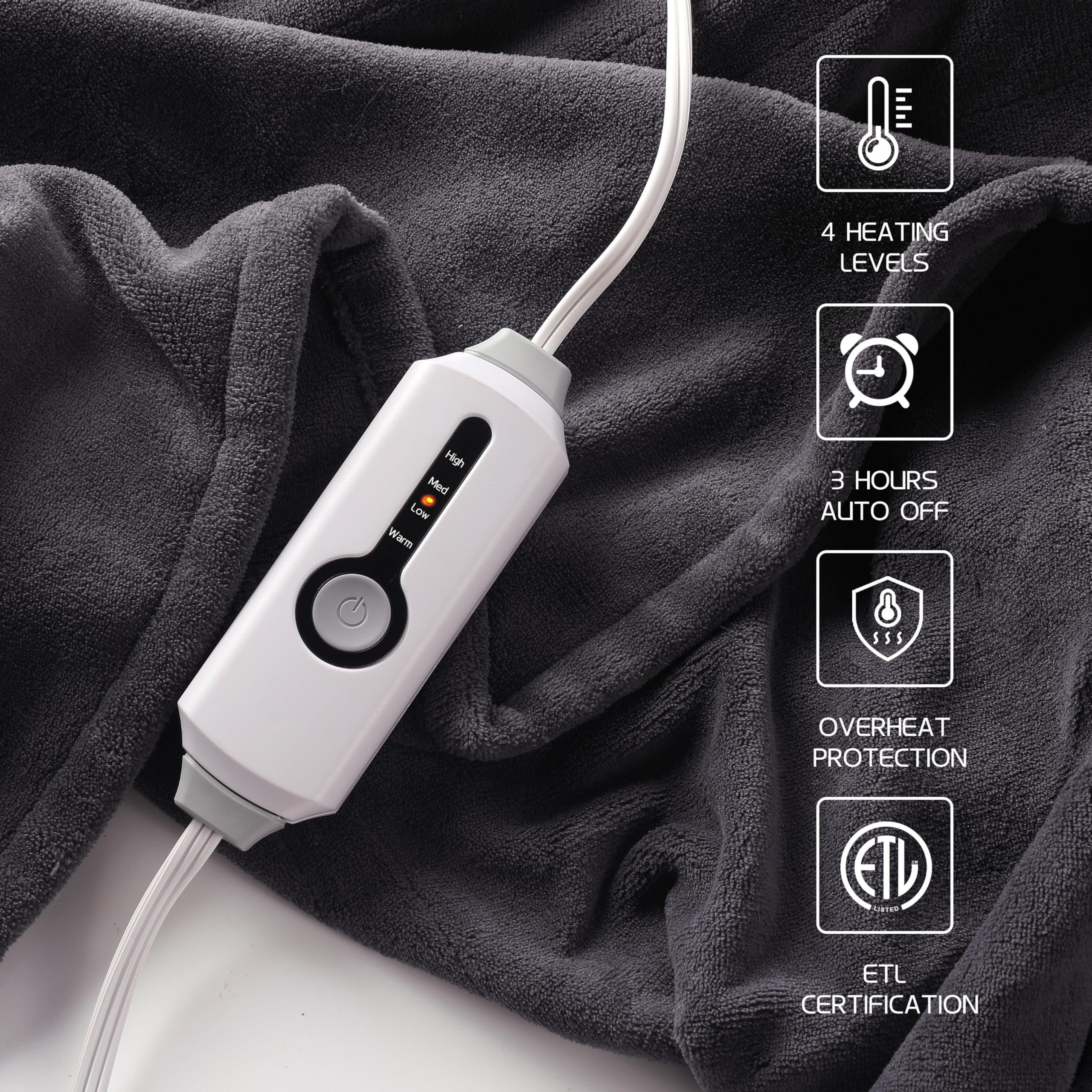 Coperta Elettrica Riscaldata 72"x84" Taglia Completa, Morbido Pile di Corallo con 4 Livelli di Riscaldamento e Spegnimento Automatico dopo 10 Ore, Lavabile in Lavatrice, Tessuto Morbido e Accogliente per la Casa, Grigio Scuro