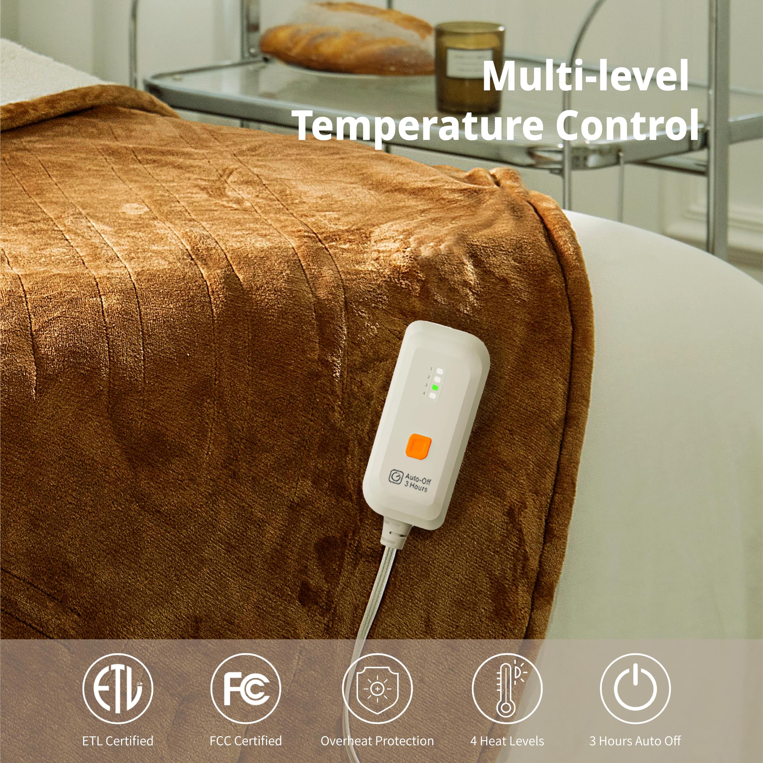 Opvarmet tæppe 50" x 60" - Opvarmet tæppe med 5 varmeniveauer og 3 timers automatisk slukning, maskinvaskbar, ETL &amp; FCC-certificering, overvarmebeskyttelse (Racoon) 