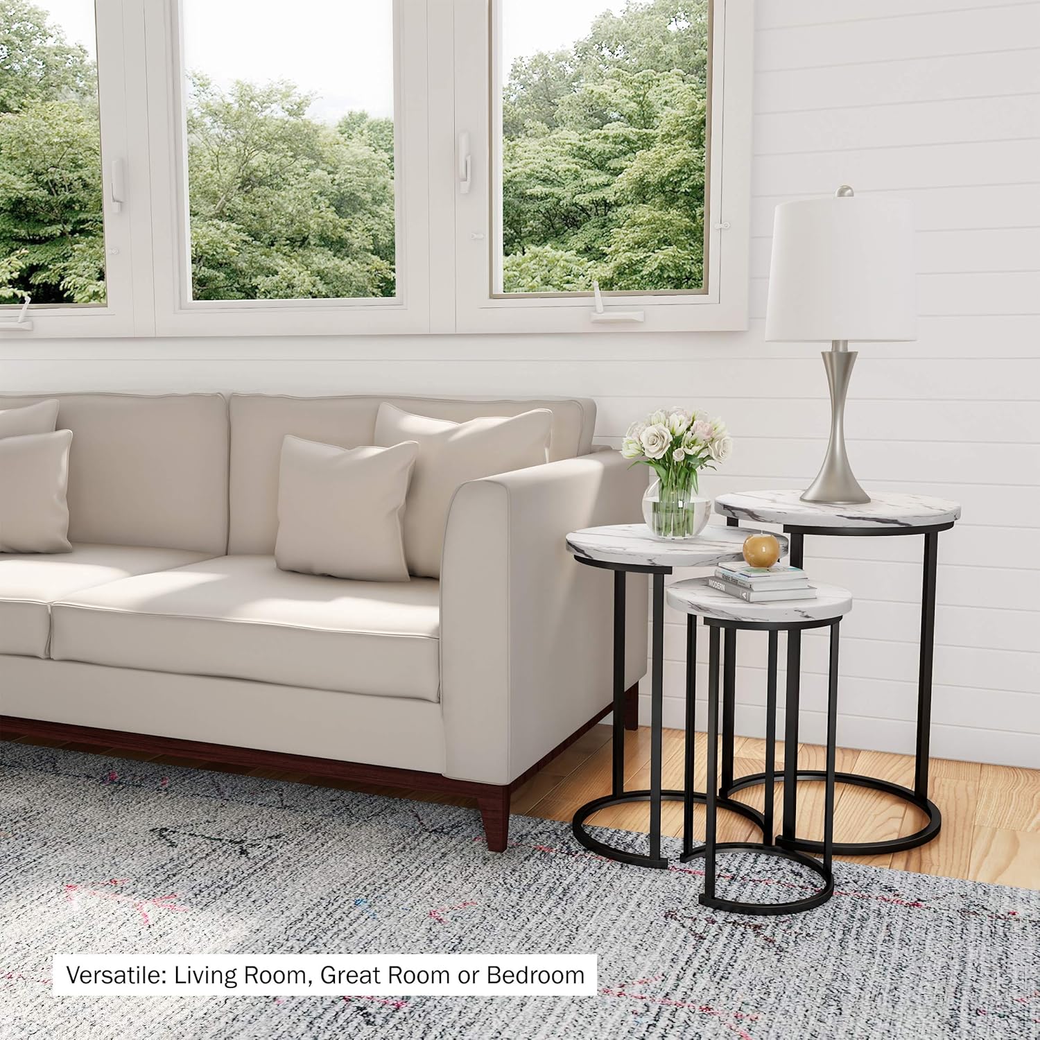 Lavish Home Nesting Tables - Set of 3 Round Side Tables for Living Room, Bedroom, or Home Office - Faux Marble End Table Set - Modern Living Room Furniture (White)