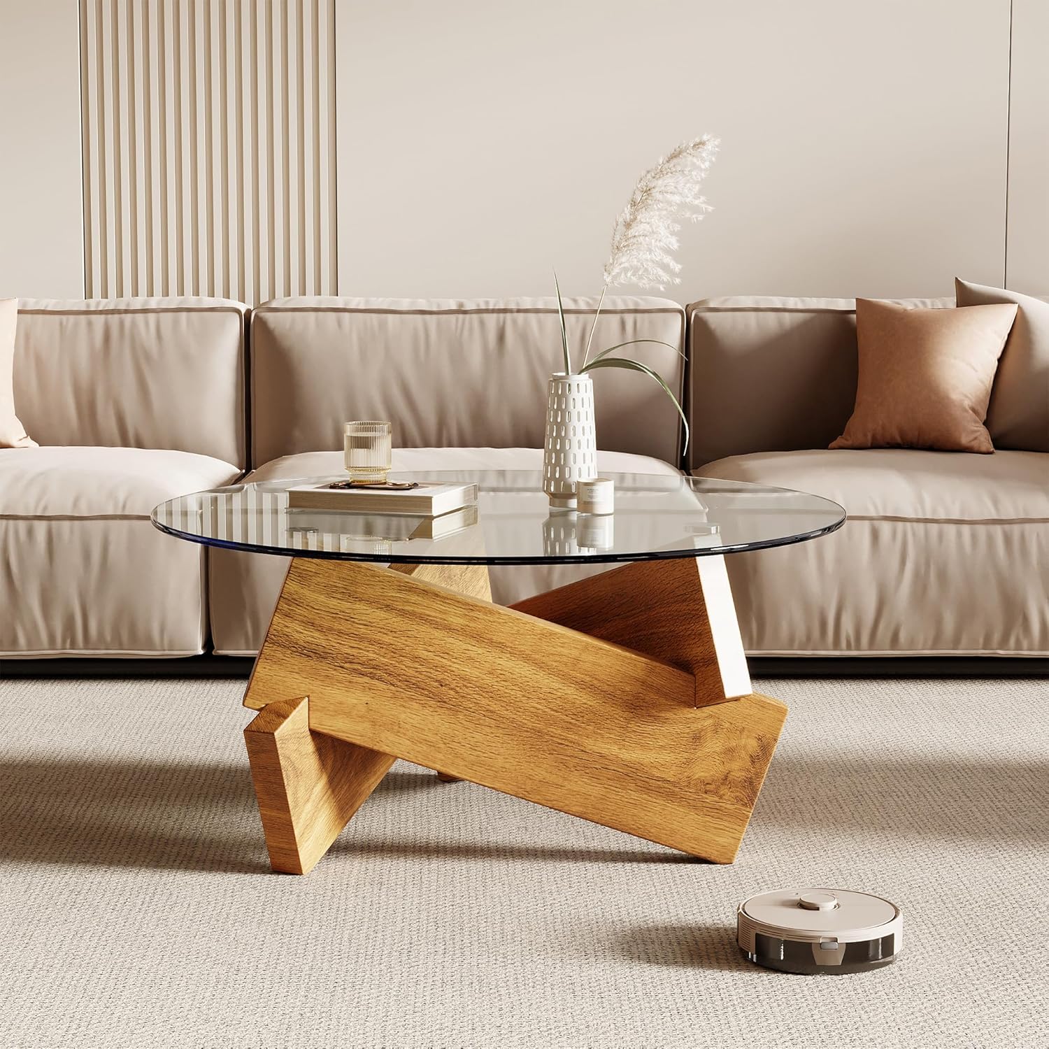 Honyee Morden Rounded Coffee Table, 30.7" x 30.7" x 16.1" Tempered Glass Top for Living Room, Color: Natural Wood