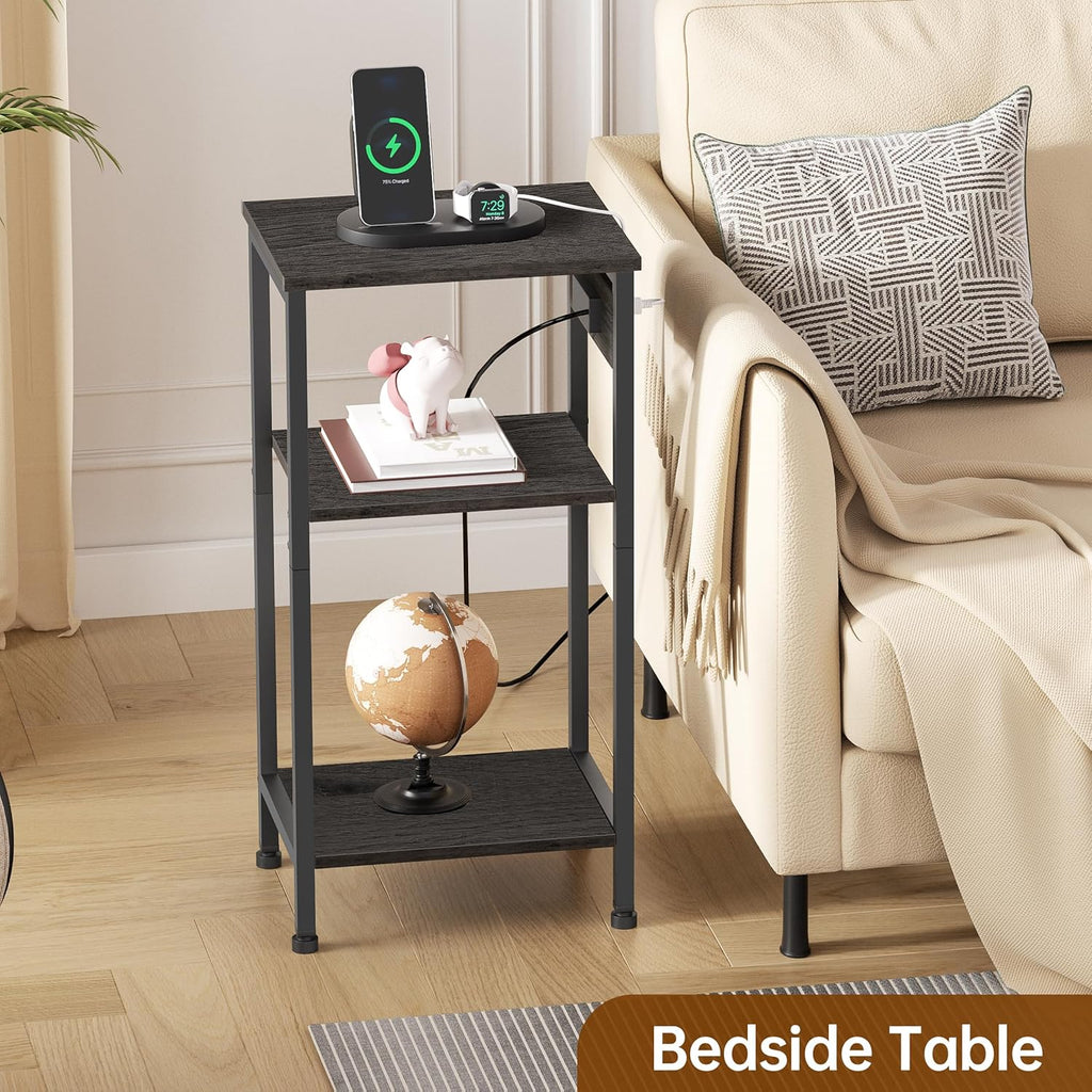 Tall End Table with Charging Station, 3 Tier Narrow Beside Table with Adjustable Shelf, Tall Gray Side Table Nightstand for Bedroom, Living Room Coffe Table, Office, Charcoal Grey