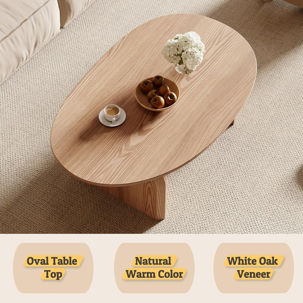 Honyee Modern Oval Coffee Table, Small Coffee Tables for Living Room - Oak Wood Top with Solid Legs, Wooden Center Table Easy Assembly for Living Room &Bedroom,Office, Natural