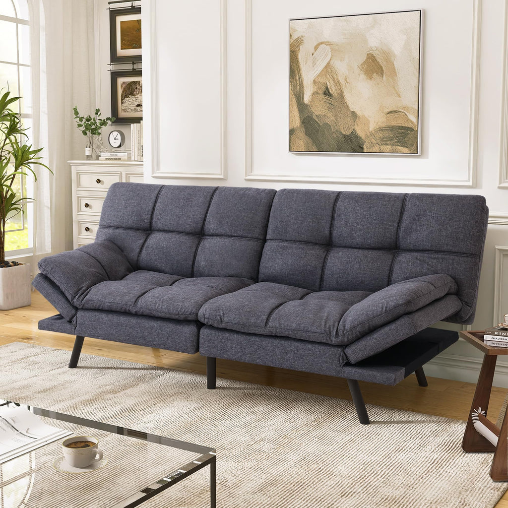 Convertible Faux Leather Futon Sofa Couch,Memory Foam Futon Couch Bed,Loveseat Sleeper Sofa Bed,Small Splitback Modern Folding Sofa Bed for Living Room,Office,Apartment,Matte Black