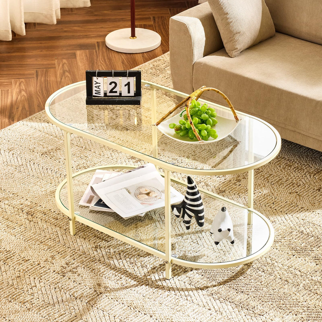 VINGLI 25.6" Round Gold Coffee Tables for Living Room, 2-Tier Glass Top Coffee Table with Storage Clear Coffee, Simple & Modern Center Table for Small Space