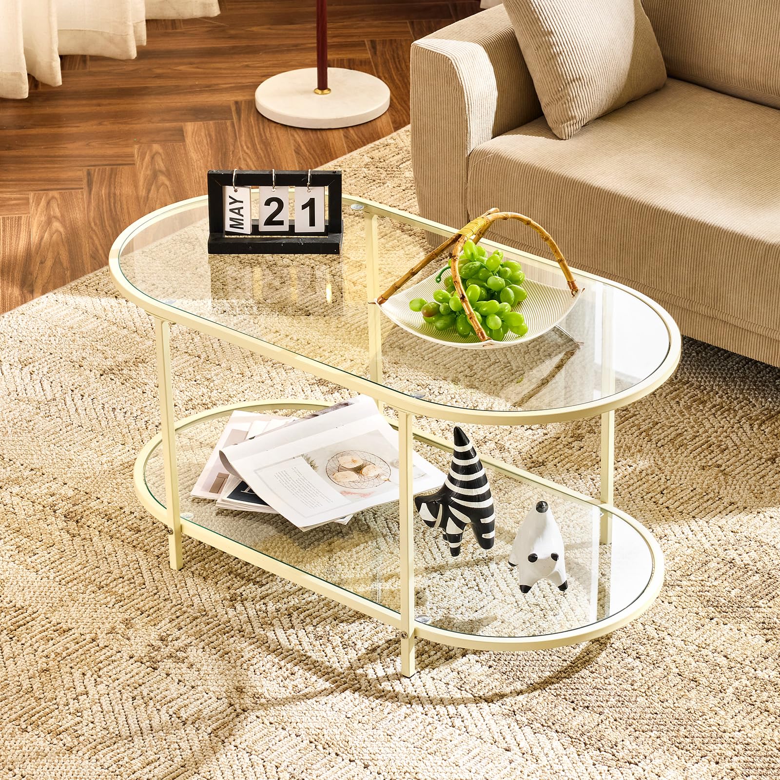 VINGLI 25.6" Round Gold Coffee Tables for Living Room, 2-Tier Glass Top Coffee Table with Storage Clear Coffee, Simple & Modern Center Table for Small Space
