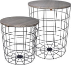 Nesting Table End Table Wire Basket Base with Wood Tops Side Table Set of 2, Gray