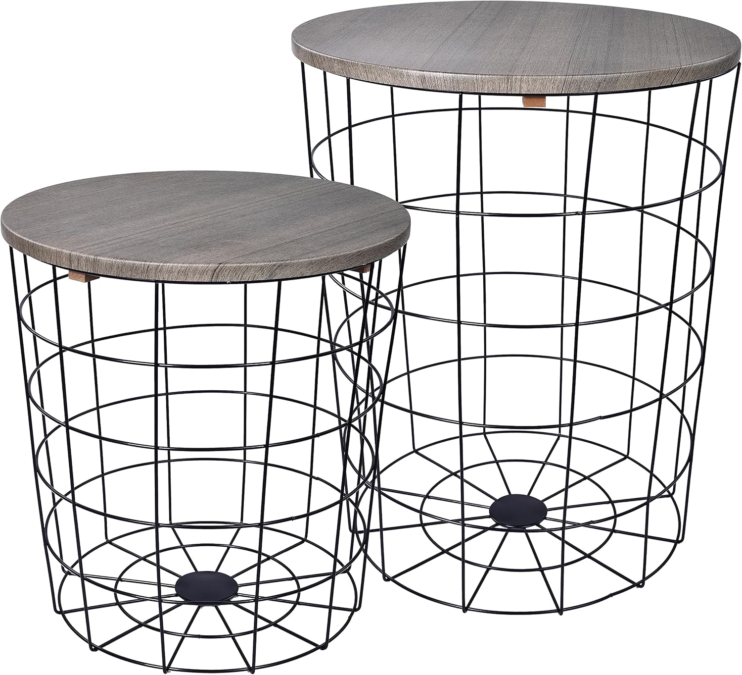 Nesting Table End Table Wire Basket Base with Wood Tops Side Table Set of 2, Gray