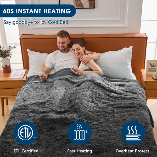 Heated Electric Blanket Faux Fur Throw Size with Fluffy Sherpa Back, Warming Plush Blanket Gift Soft Heating Blankets with 10 Heat Settings, 5 Time Settings, ETL 50"x60",Charcoal Grey