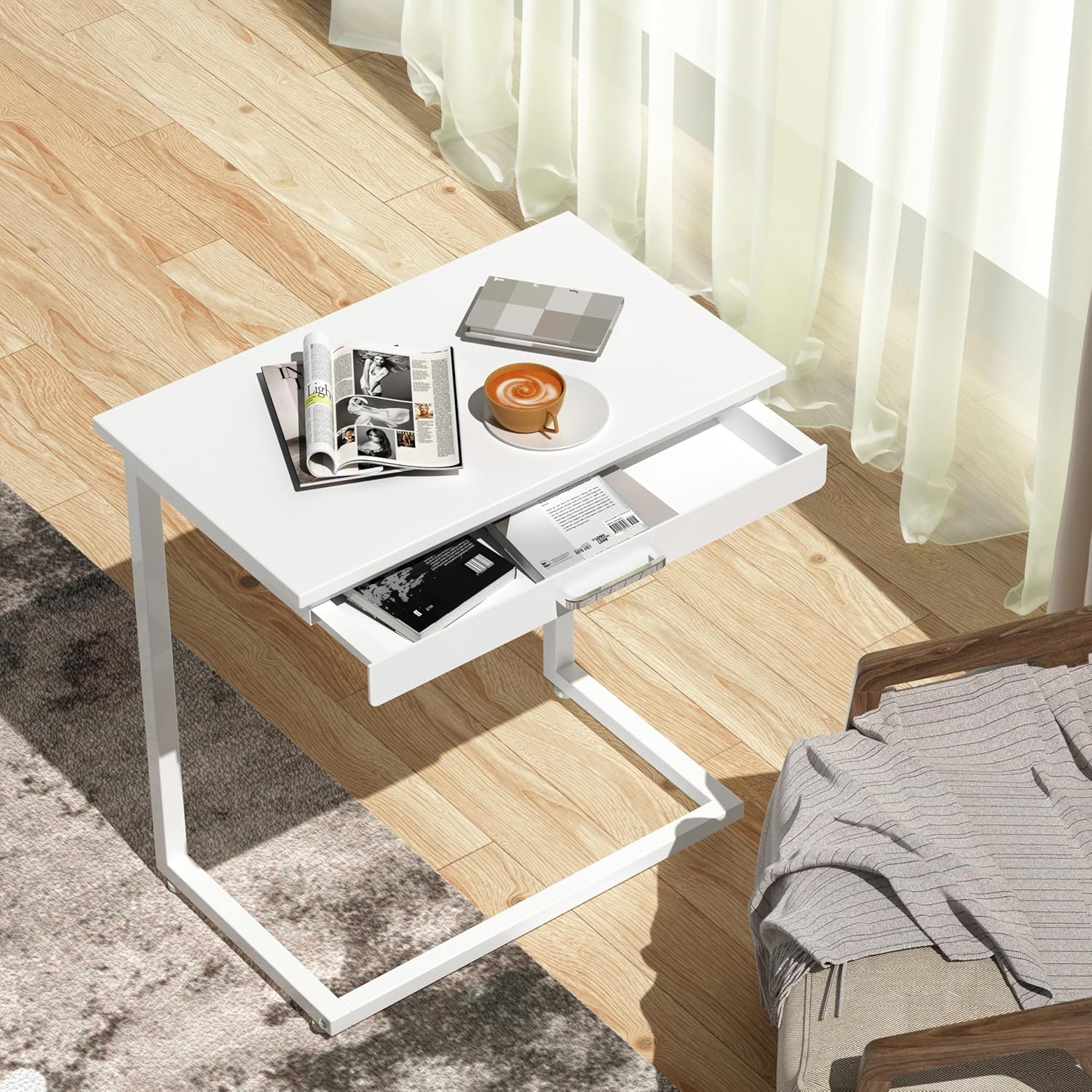 C Shaped End Table,Small Couch Side Table with Drawer,for Living Room, Bedroom Magazines, Computers, Coffee, Small Objects Storage.White