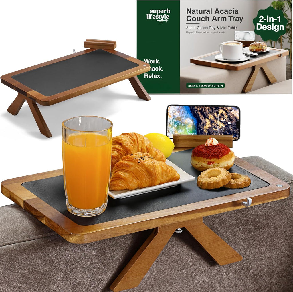 Acacia Couch Arm Tray/Mini Table – 2 in 1 Couch arm Table (15.3” x 9.8” x 4”), Adjustable Legs (up to 8.8”), 360° Rotating Phone Holder, Wire Holder, Non-Slip Mat – Couch Tray to Keep Snacks, Coffee