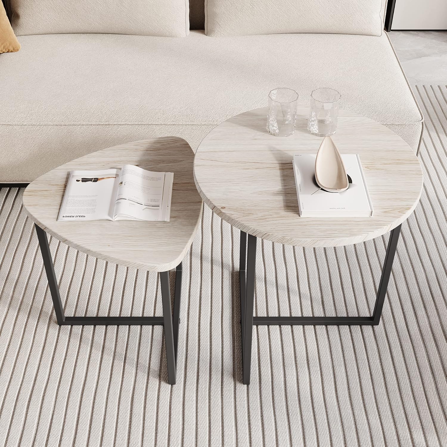 Round Coffee Table Set of 2 End Tables for Living Room,Black Small Coffee Table Living Room Table,Metal Frame & Wood Look,Sturdy and Easy Assembly,Stacking Side Tables Bedroom,White