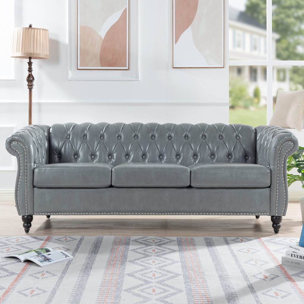 Ball & Cast 83" Chesterfield Leather Sofa with Channel Tufted Seat Back,Removable Square Arm Nailhead Trim Classic 3 Seater Couch,Mid Centuryfor Living Room,Bedroom,Office,Black PU