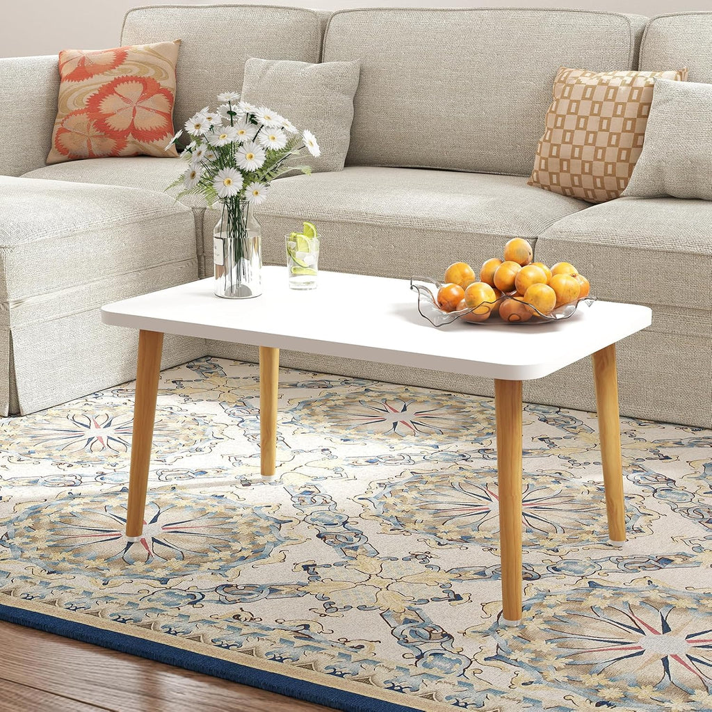 Square Coffee Table Low Table with 4 Solid Wood Sturdy Legs, Floor Table Desk for Sitting on The Floor, Storage and Living Room Furniture (White)