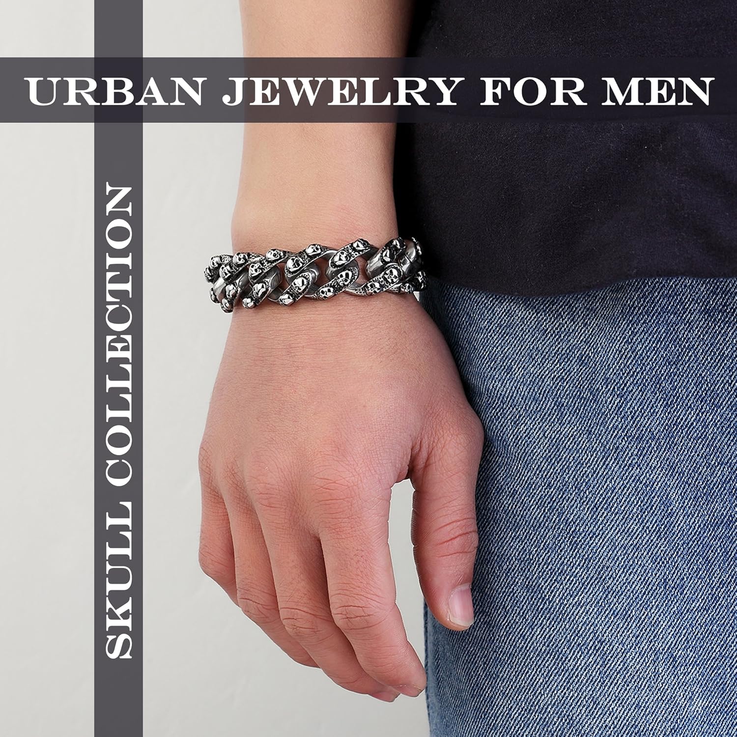 Urban Jewelry Skull Head Gothic Biker Bracelet for Men 316L Stainless Steel Mens Link Bracelet