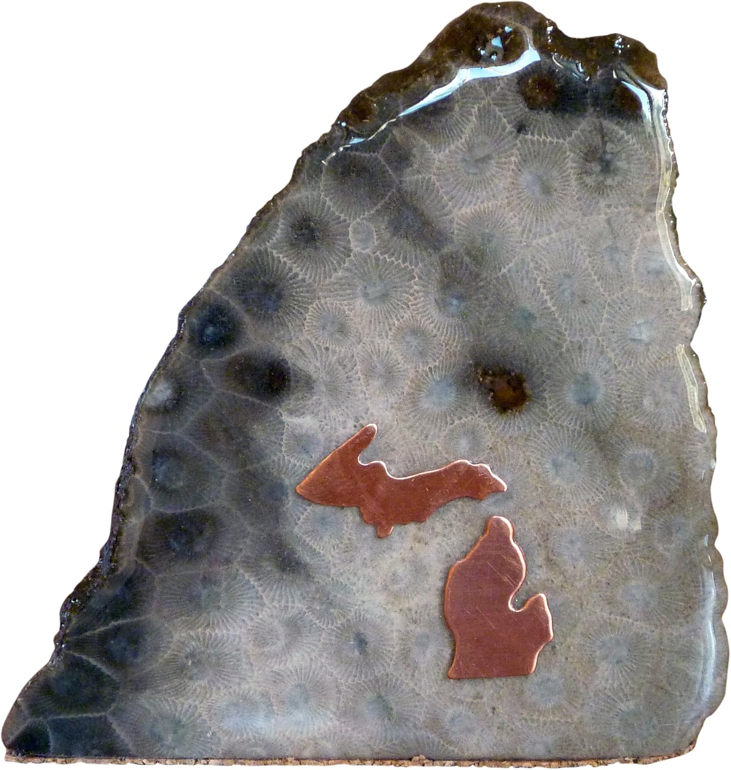 Hand Crafted Petoskey Stone (Small) Decorated with Michigan Copper. Michigan State Stones Great for Office Table or Desk Decor - Medium (Small)