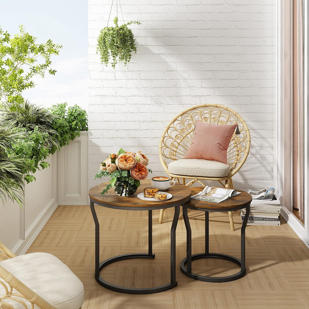 Hoctieon Nesting Coffee Tables, Round Nesting Tables Set of 2, End Tables, Stacking Nesting Tables for Living Room, Circle Coffee Tables, Side Tables Wooden Table Top, Rustic Brown