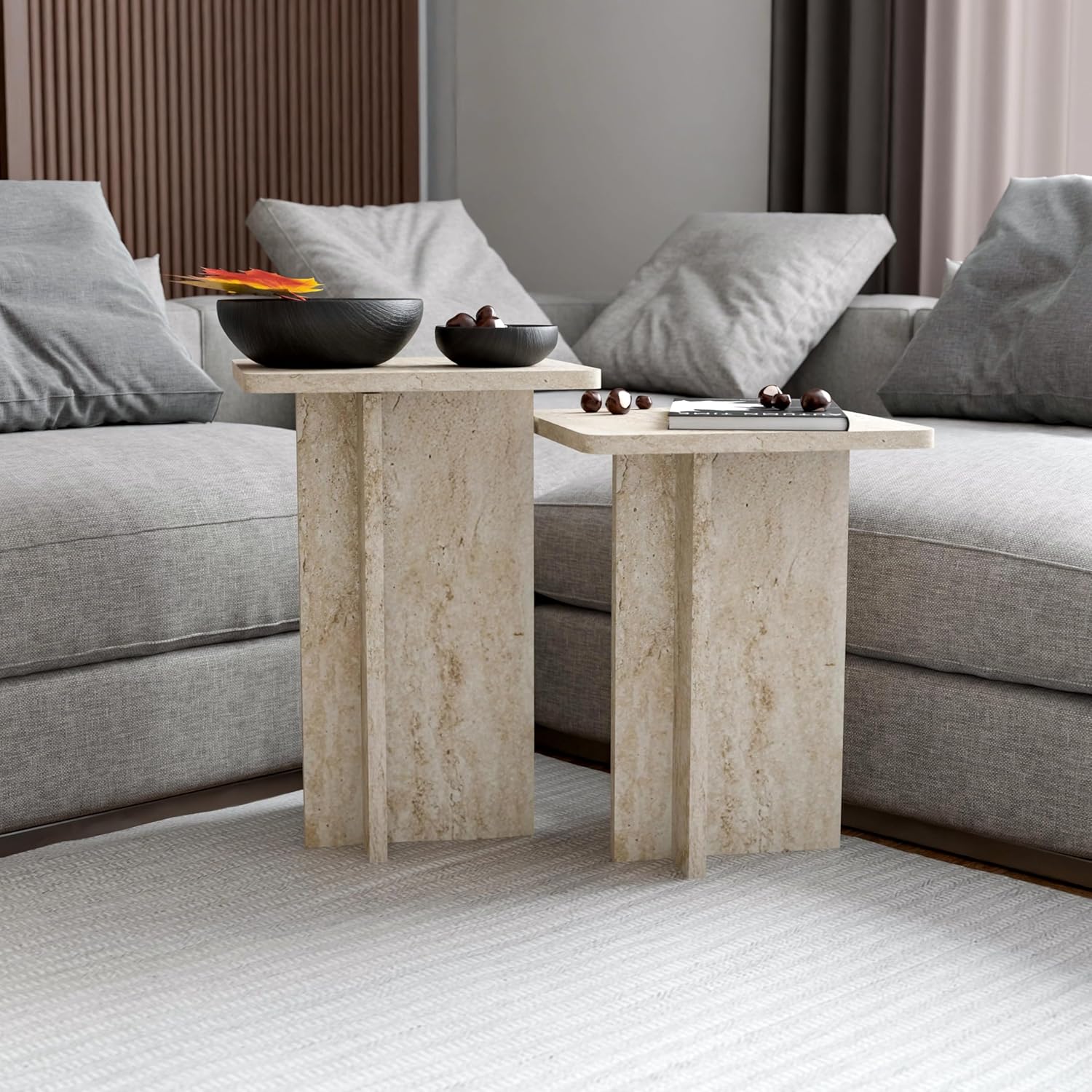 Travertine Efect Square Nesting Table Set of 2 Modern Coffee Table Small Side Table End Table for Living Room