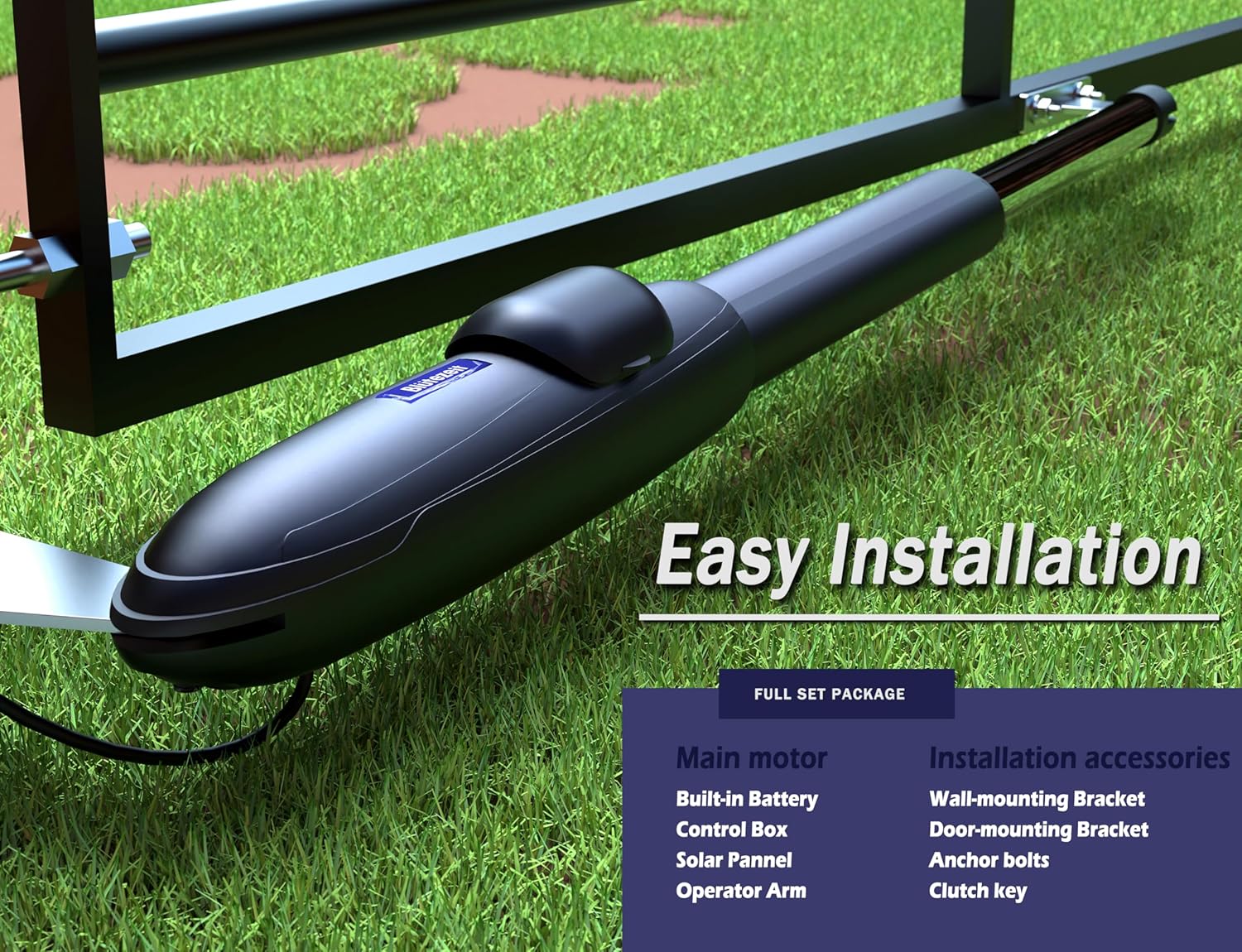 Blütezeit Solar Swing Gate Opener, 880lb Single-Arm Operator with Built-in 24V Lithium Battery & 25W Solar Panel, Integrated Control Box for Easy Install, Smart Auto Setting, 2 Remotes & Complete Kits