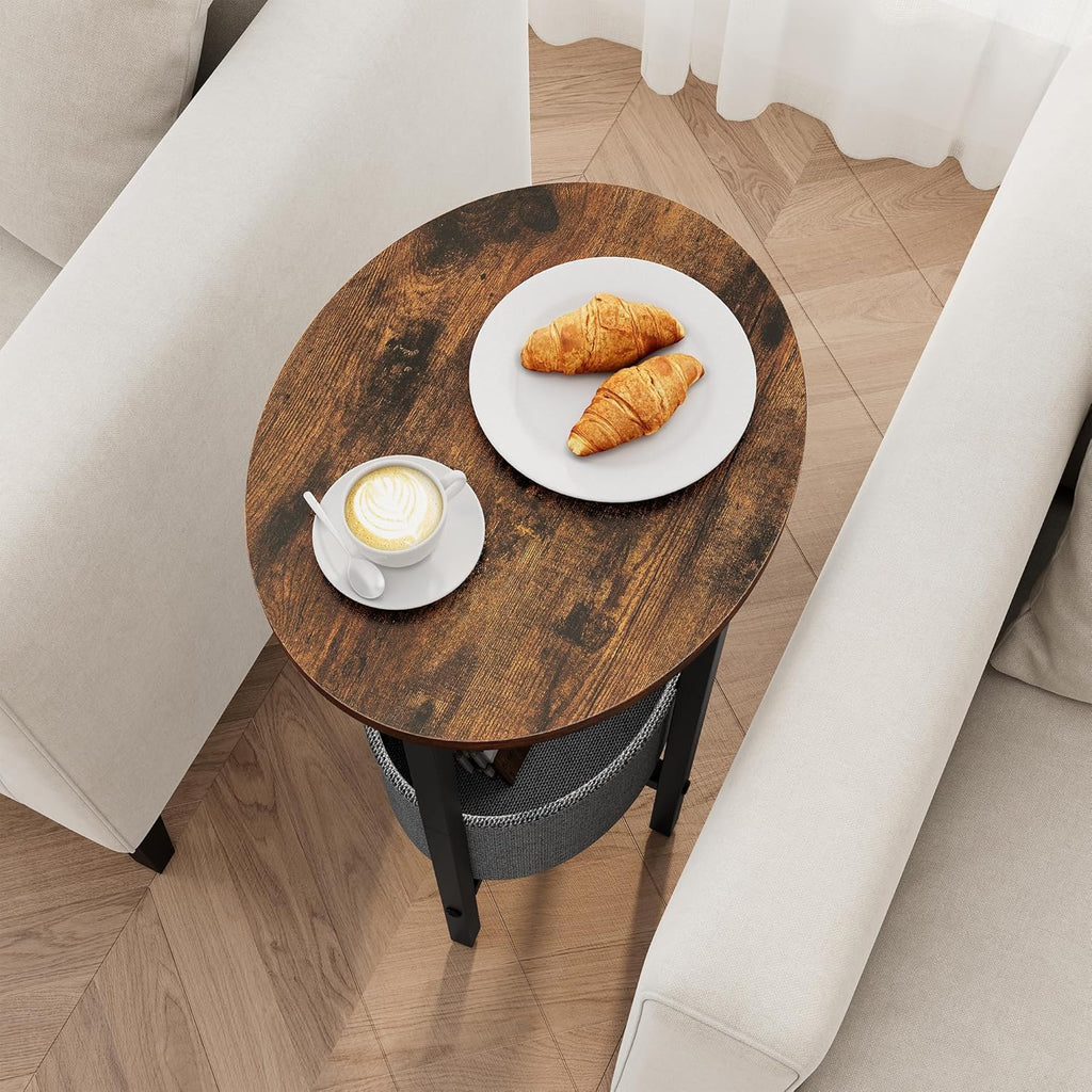 Vagusicc Round Side Table End Table with Storage Basket, Small Side Table Round Nightstand for Small Spaces, Tall Oval End Table with Steel Frame, Coffee Bedside Table for Living Room, Rustic Brown