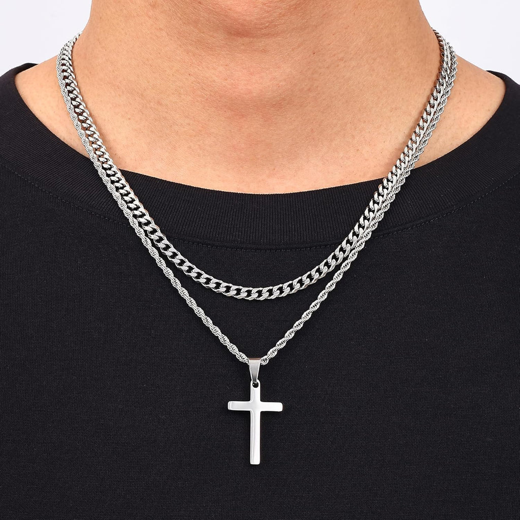 Fiusem 2 Pcs Cross Necklace Chain for Men and Women, Layered Mens Cross Necklaces Stainless Steel Pendant Cuban Link Rope Chain 16-26 Inch
