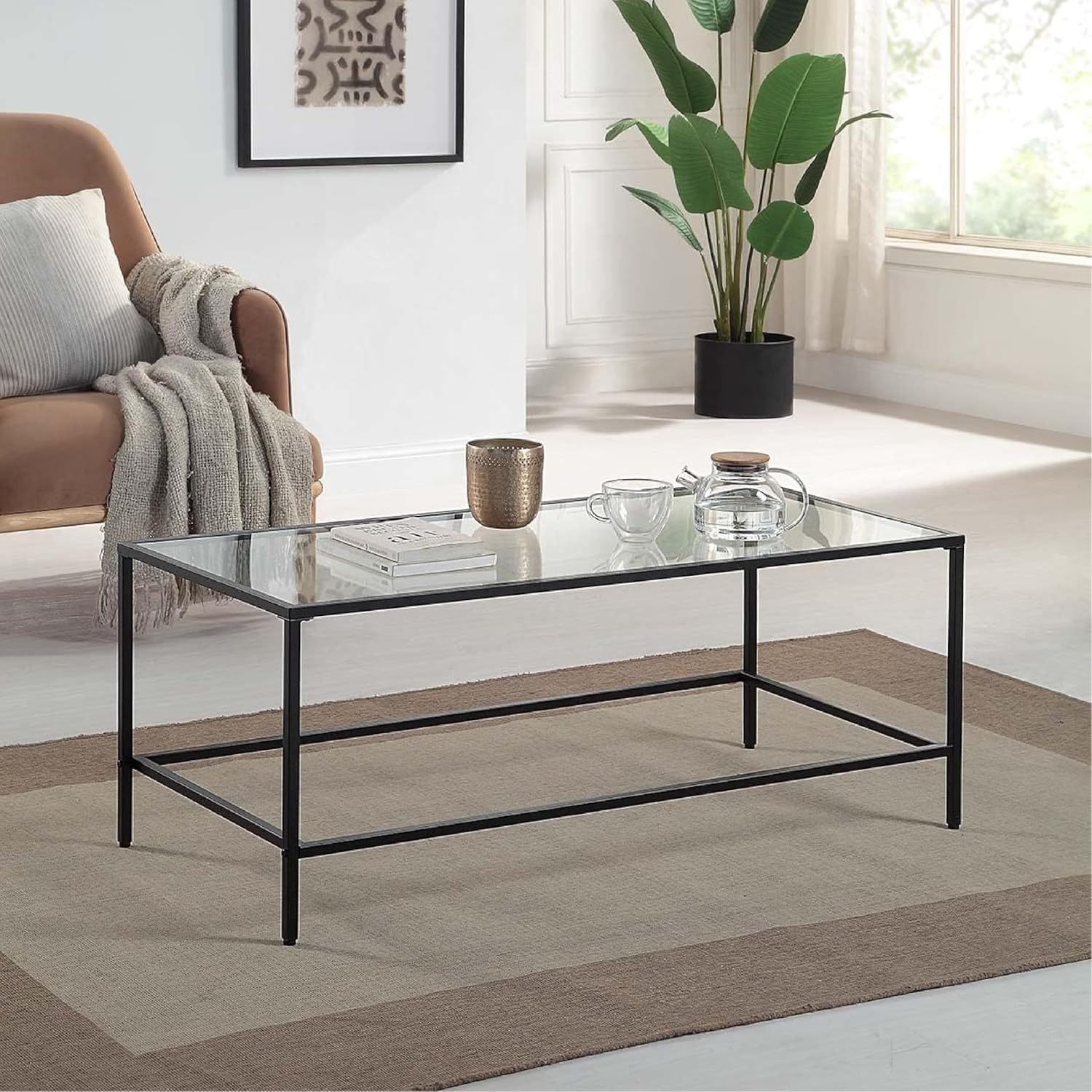 Caws Table CAWS Black Coffee Table, Tempered Glass Wide Rectangle Coffee Table wi ...
