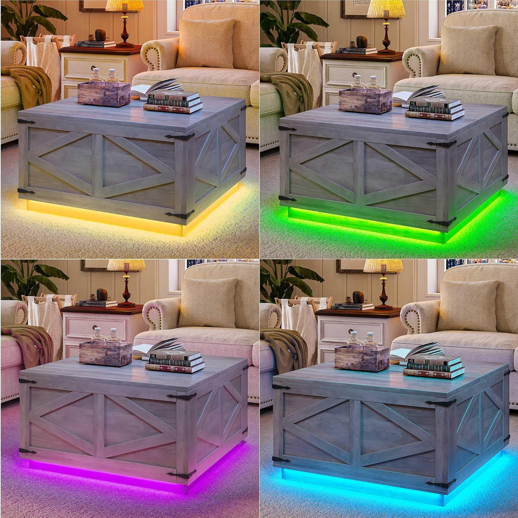 Rustic Grey Farmhouse Lift-Top Coffee Table: Square Wood Center Table with Hidden Storage Compartment, Floating LED Lights & USB-C Charging Station - Living Room Furniture
