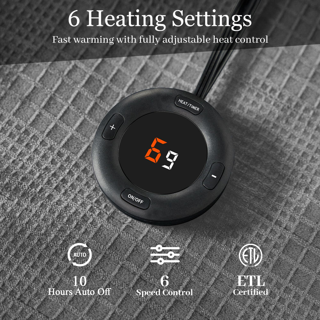 Verwarmd deken elektrisch deken plaid 50''X60'' - verwarmingsdeken met 6 warmtestanden - 2-10 uur automatische uitschakeling, ETL gecertificeerd, wasmachinebestendig (zwart)