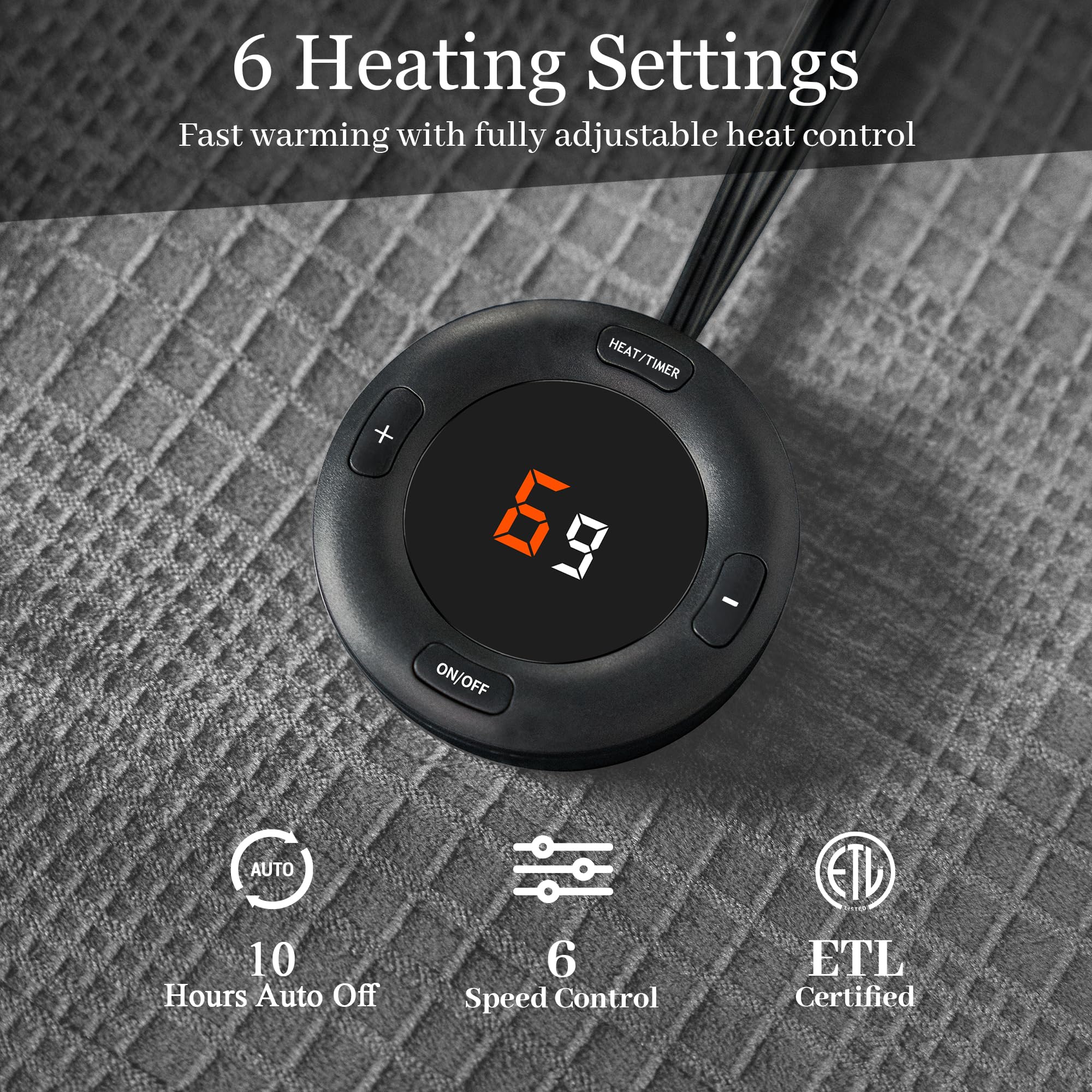 Verwarmd deken elektrisch deken plaid 50''X60'' - verwarmingsdeken met 6 warmtestanden - 2-10 uur automatische uitschakeling, ETL gecertificeerd, wasmachinebestendig (zwart)