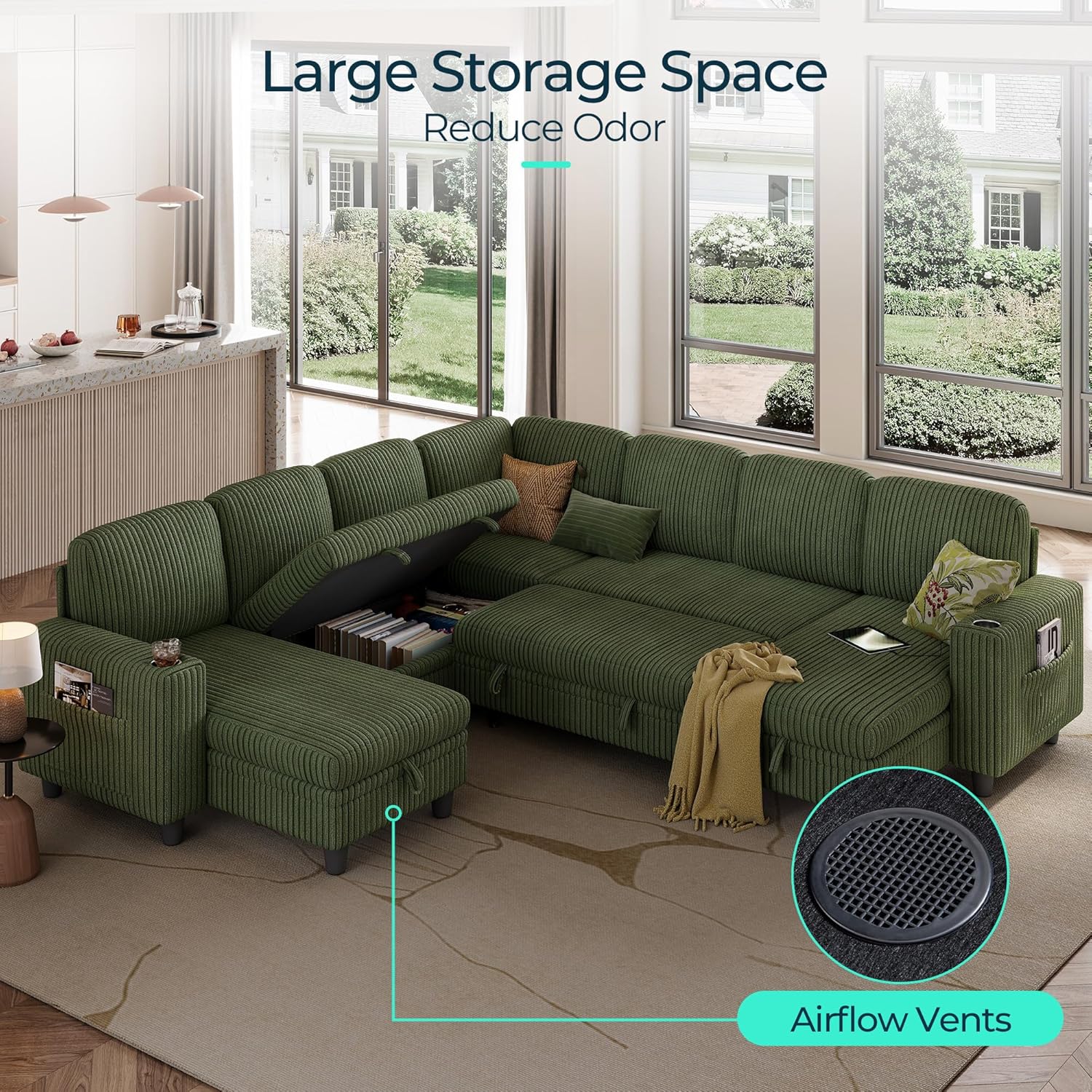 LINSY HOME Sectional Sleeper Sofa with Pull Out Couch Bed - Convertible Plush Corduroy Cloud Couch with Storage Chaise & USB Charging, Comfy Modular Couches for Living Room, Green