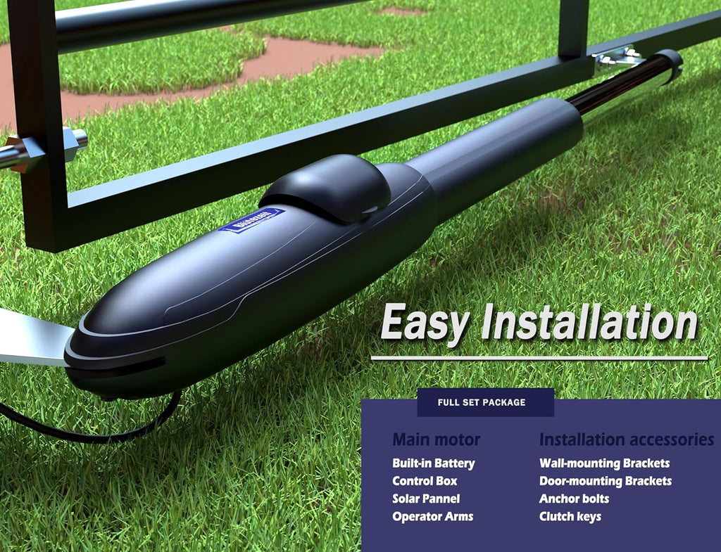 Blütezeit Solar Swing Gate Opener, 1760lb Dual-Arm Operator with Built-in 24V Lithium Battery & 25W Solar Panel, Integrated Control Box for Easy Install, Smart Auto Setting, 2 Remotes & Complete Kits