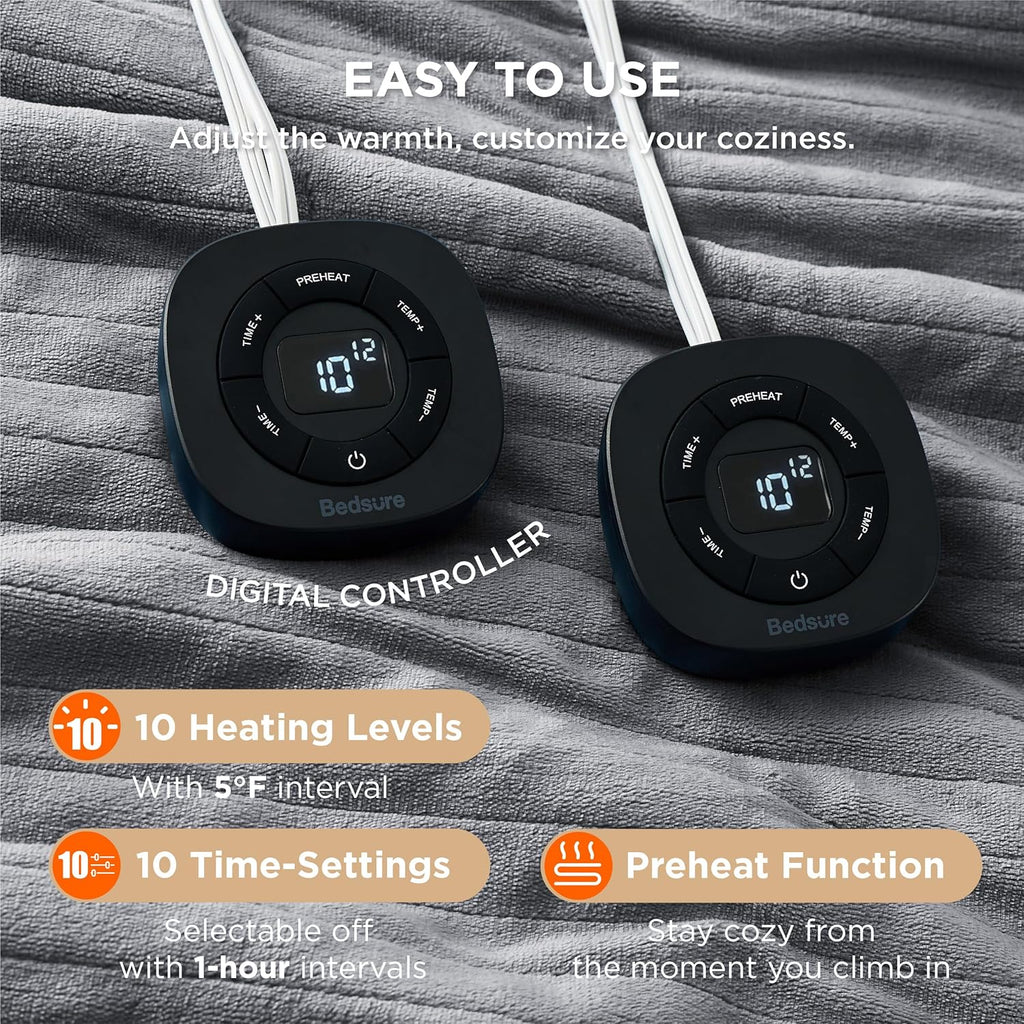 Bedsure Electric Blanket Queen Size - Dual Control Heated Blanket Queen, GentleSoft™ Fast Heating with 10 Time Settings & 10 Heat Settings, Warm Gift for Grandma (84x90 inches, Grey)