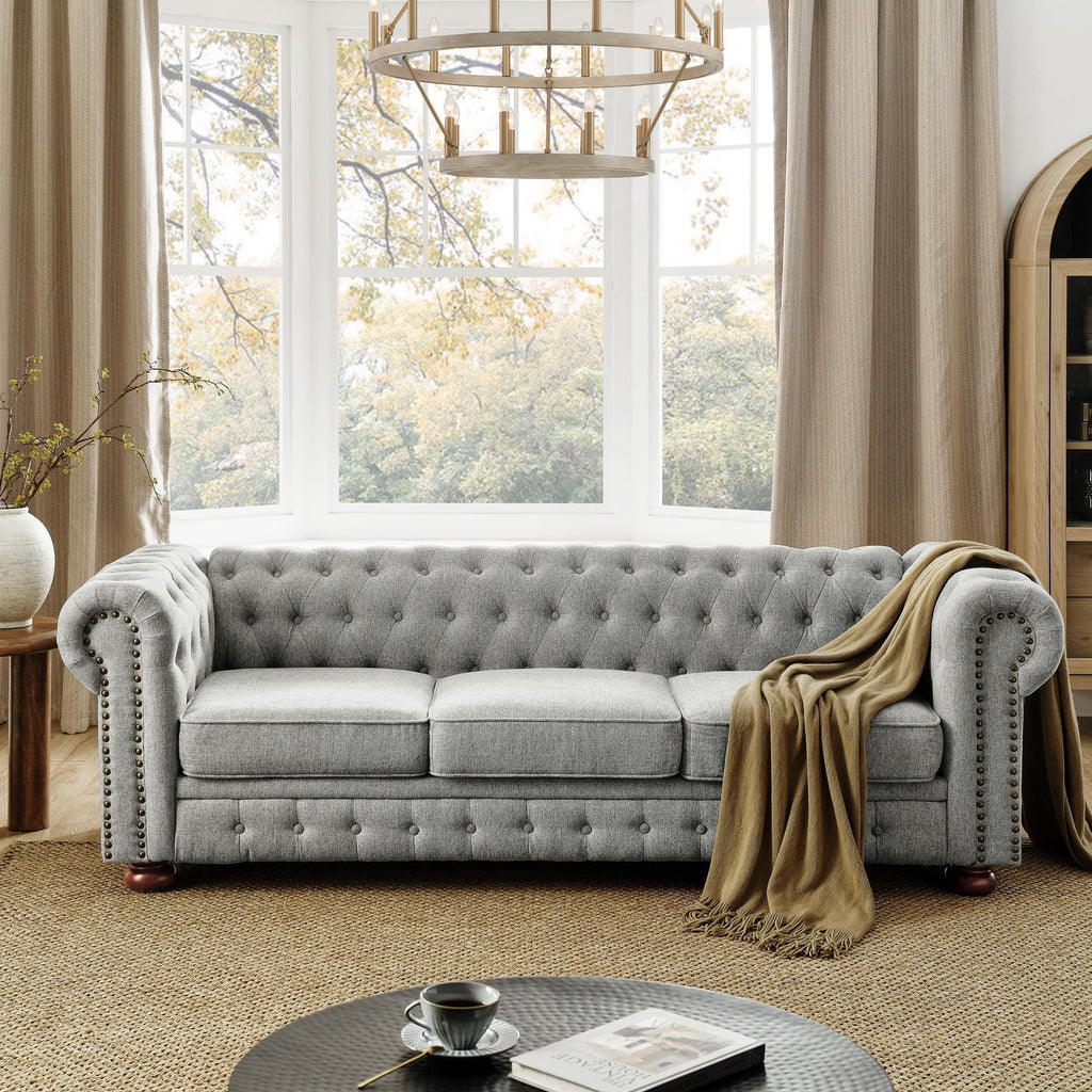Harper & Bright Designs 3-Seat Chesterfield Sofa with Button Tufted, Nailhead Trim and Solid Wood Legs, Classical Linen Fabric Couch for Living Room, Office, Light Grey