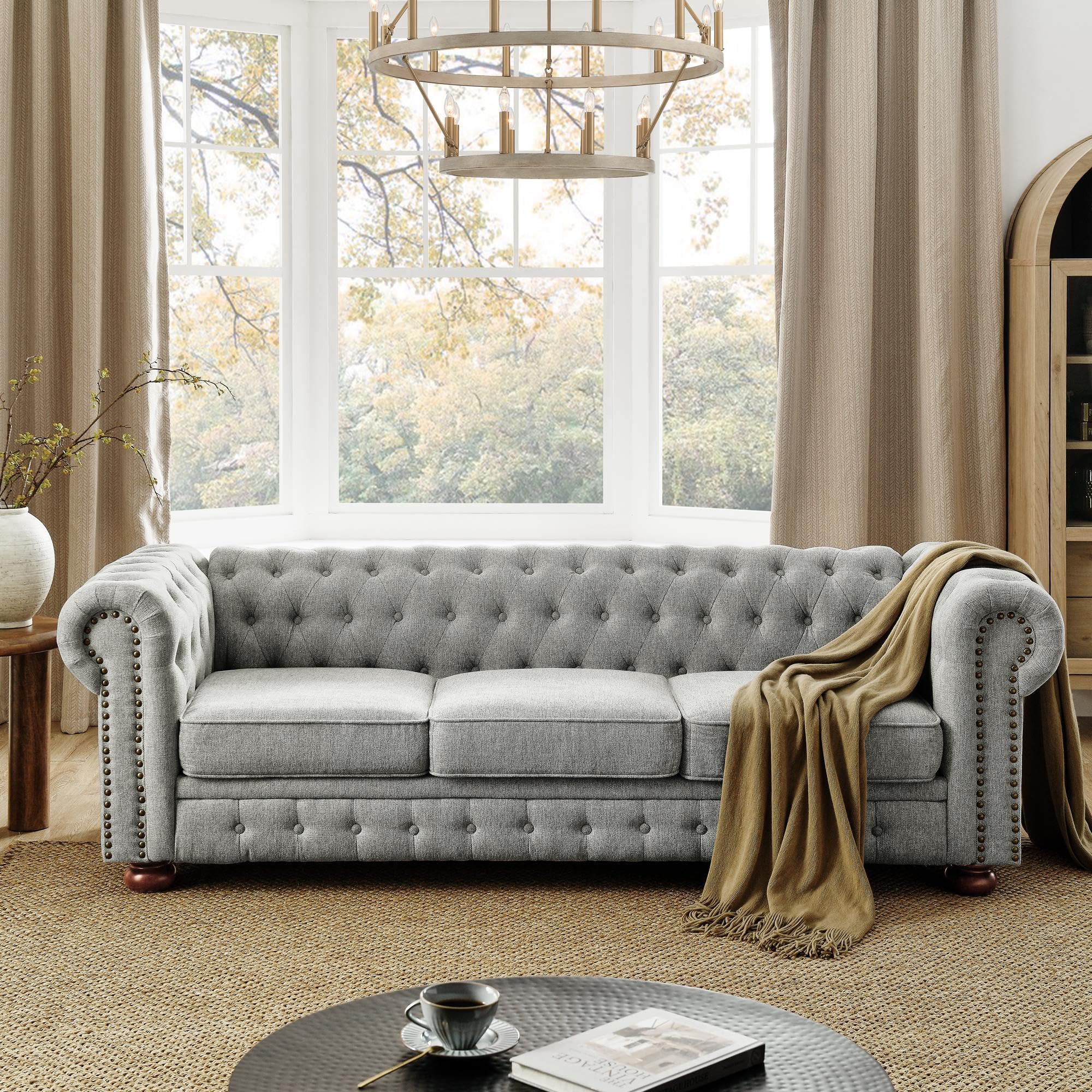 Harper & Bright Designs 3-Seat Chesterfield Sofa with Button Tufted, Nailhead Trim and Solid Wood Legs, Classical Linen Fabric Couch for Living Room, Office, Light Grey