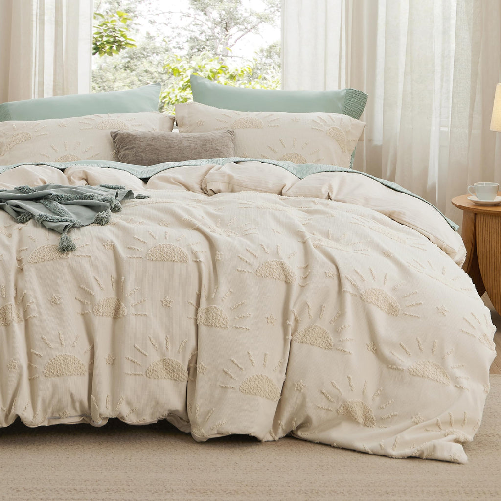 Housse de couette Boho Bedsure - Parure de lit Boho pour toutes les saisons, housse de couette jacquard shabby chic (gris, géométrique, king size, 104"x90")