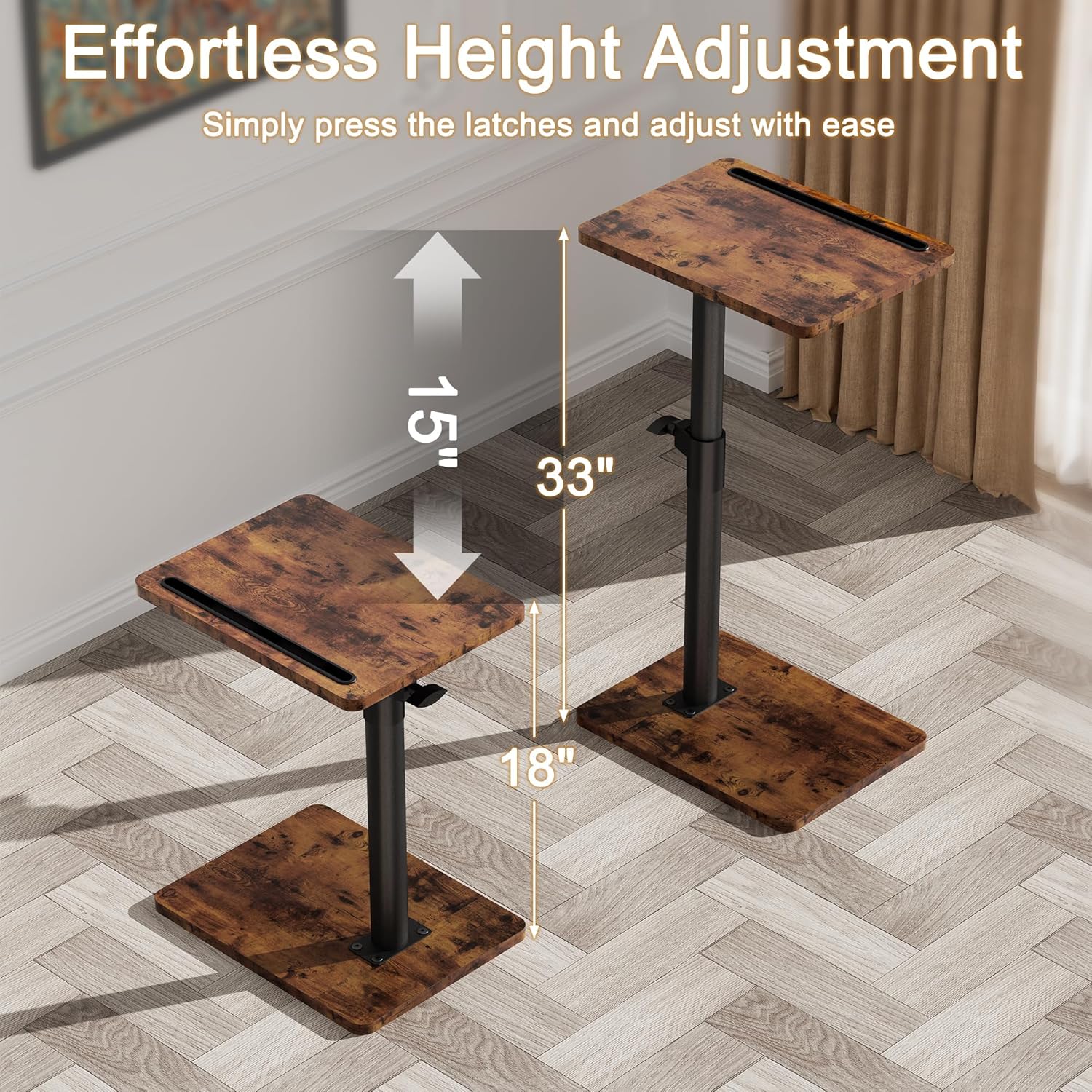 Sofa Armrest Tray Table for Couch - 360° Swivel Height Adjustable End for Small Spaces, Snack Side Table for Bed or Chair with Phone & Tablet Slot (Rustic,Standard)