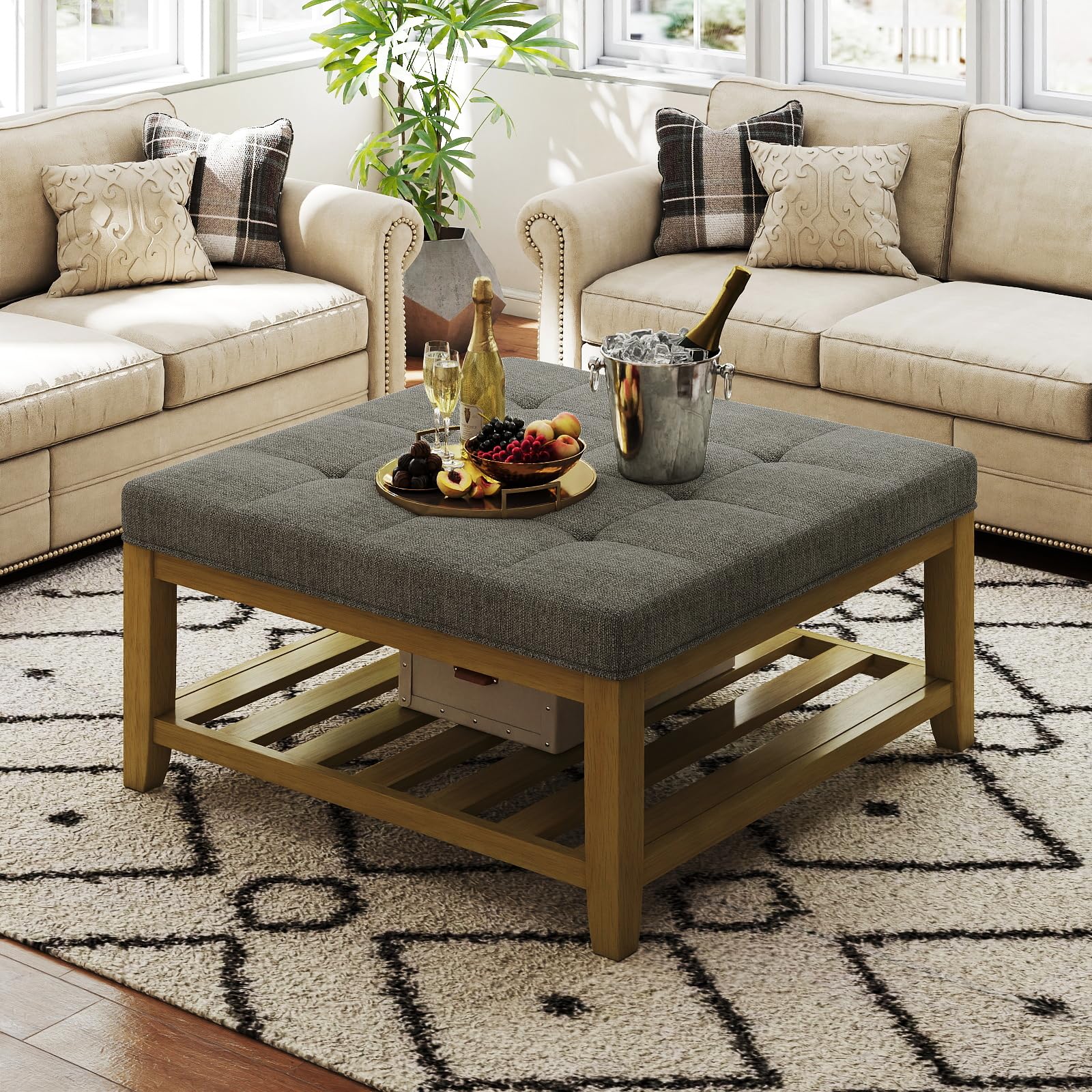 Large Square Ottoman Coffee Table, Linen Solid Upholstered Footrest Ottoman with Solid Wood Shelf Storage Tufted Coffee Table for Bedroom Living Room, Linen