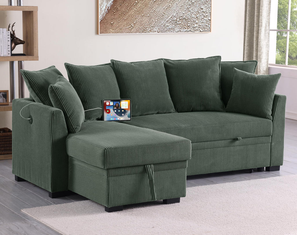 Oversized U-Shaped Sleeper Sectional Sofa Modern Fluffy Corduroy Upholstered Corner Convertible Sofabed with Pull Out Sleeper Couch Bed ,Storage Left Chaise and Pillows for Living Room Furniture Sets