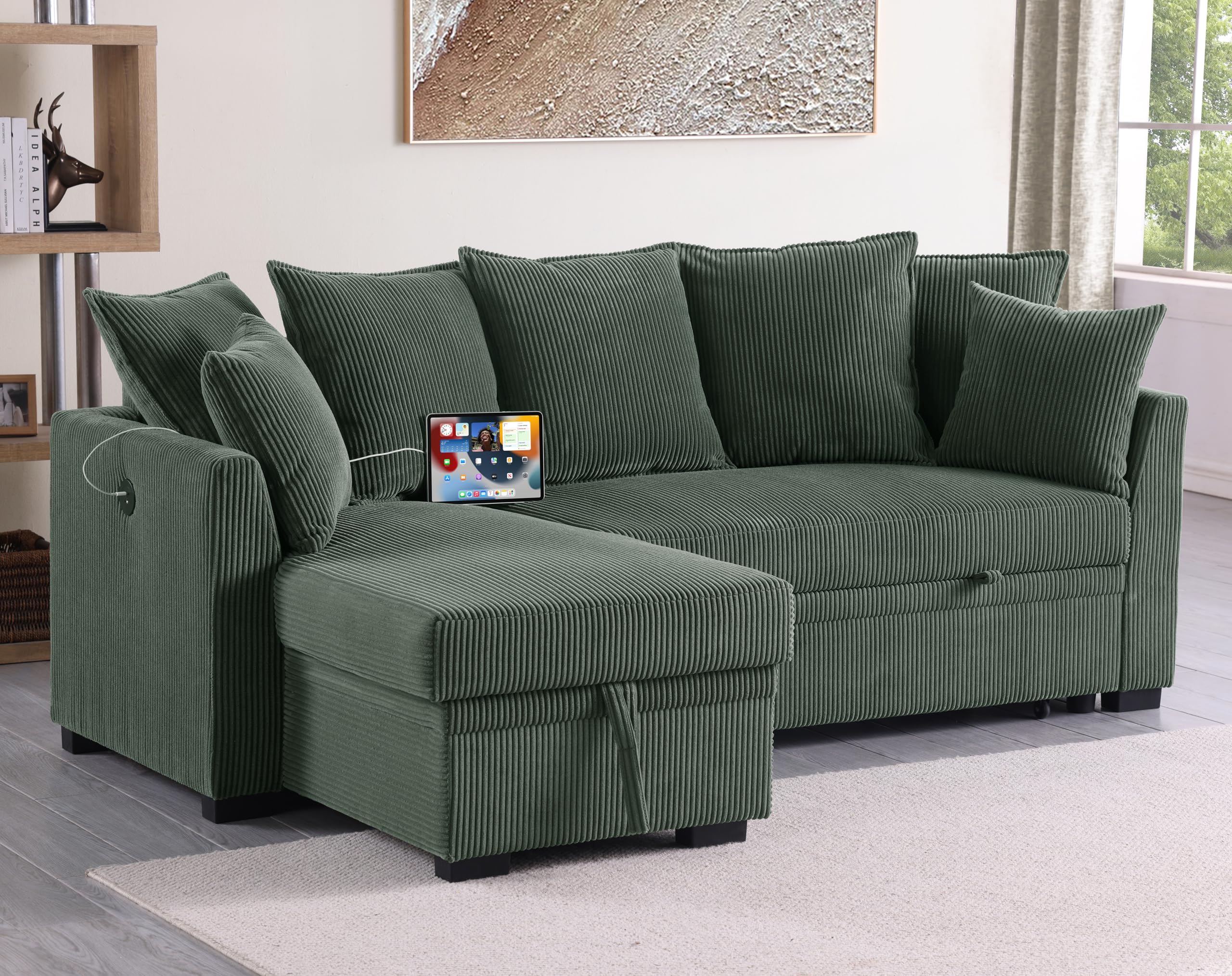 Oversized U-Shaped Sleeper Sectional Sofa Modern Fluffy Corduroy Upholstered Corner Convertible Sofabed with Pull Out Sleeper Couch Bed ,Storage Left Chaise and Pillows for Living Room Furniture Sets