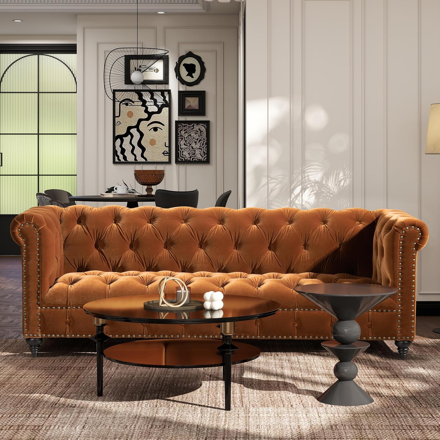 Jennifer Taylor Home Alto 88" Performance Velvet Tufted Chesterfield Sofa in Burnt Orange