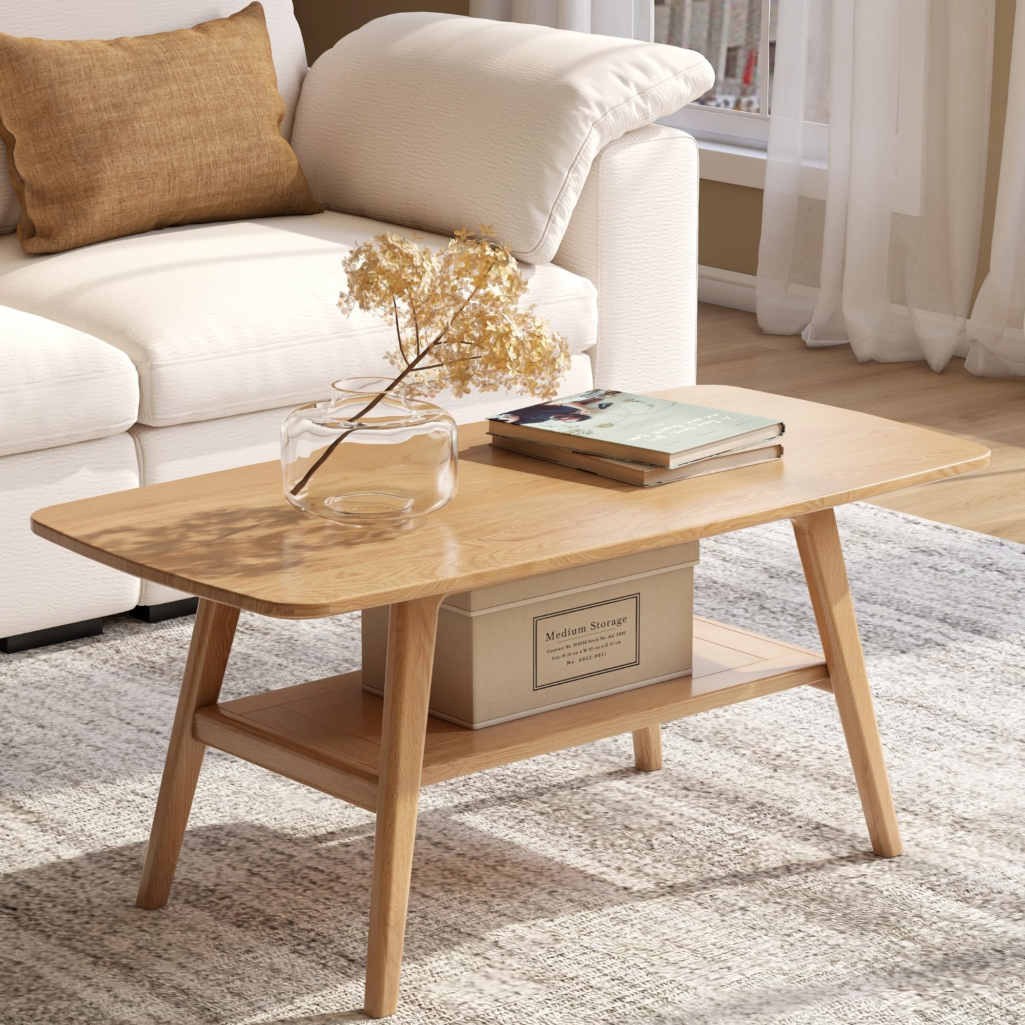 100% Solid Oak Wood Coffee Table for Living Room, 2-Tier Small Table with Storage Shelf, Mid Century Modern Coffee Tables (Walnut, 31.49" x 19.68" x 17.32")