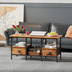 Furologee 35" Coffee Table with 2 Storage Drawers, Small Coffee Tables for Living Room, Industrial Center Table with 2 Tier Storage Shelf, Rustic Brown