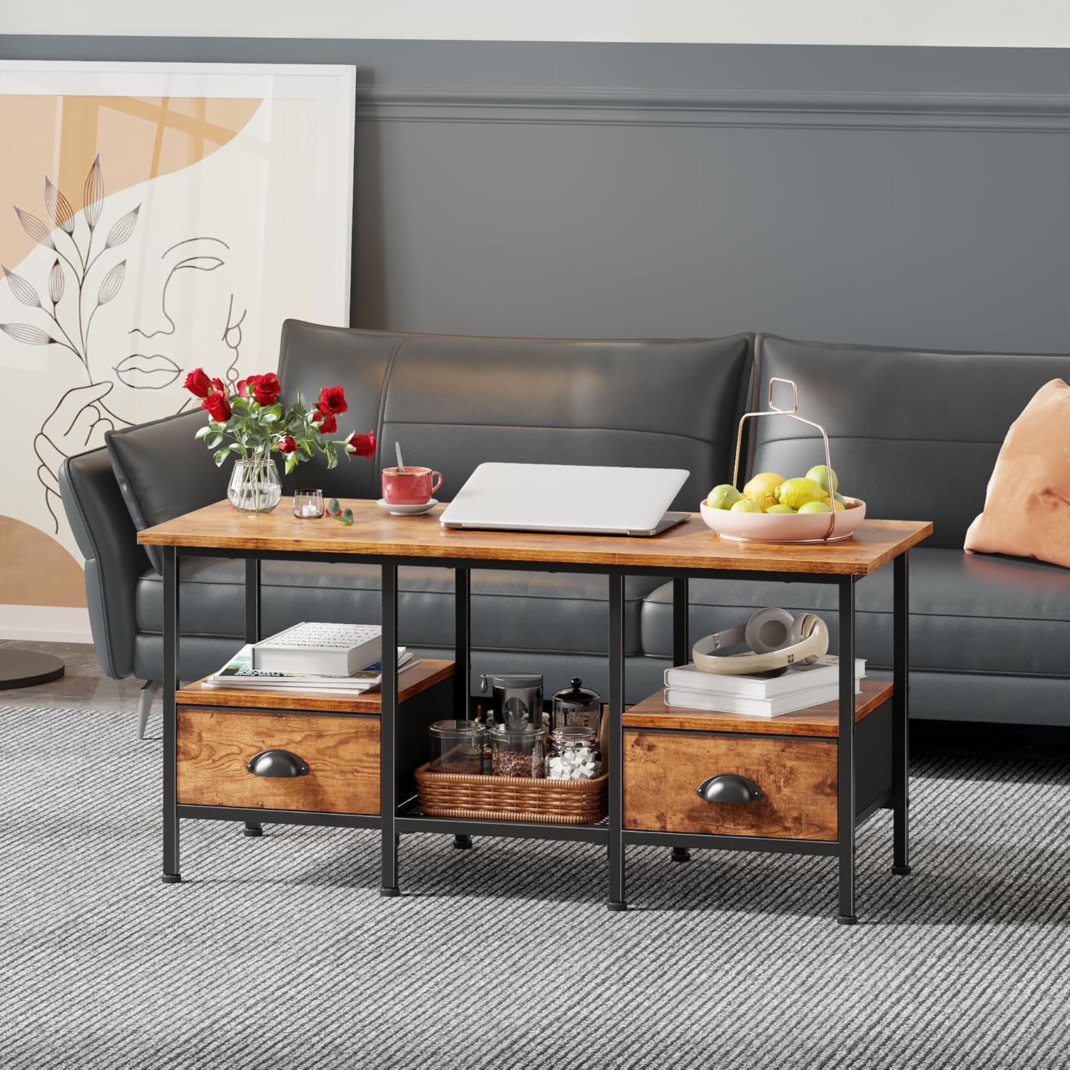 Furologee 35" Coffee Table with 2 Storage Drawers, Small Coffee Tables for Living Room, Industrial Center Table with 2 Tier Storage Shelf, Rustic Brown