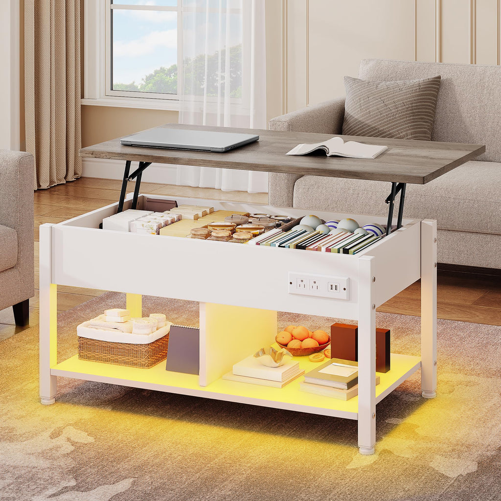 YITAHOME Lift Top Coffee Table with RGB Light, 3-in-1 Coffee Table with Power Outlets, Hidden & Open Storage, Adjustable Height, Wooden Dining Table for Living Room, Home Office, Brown