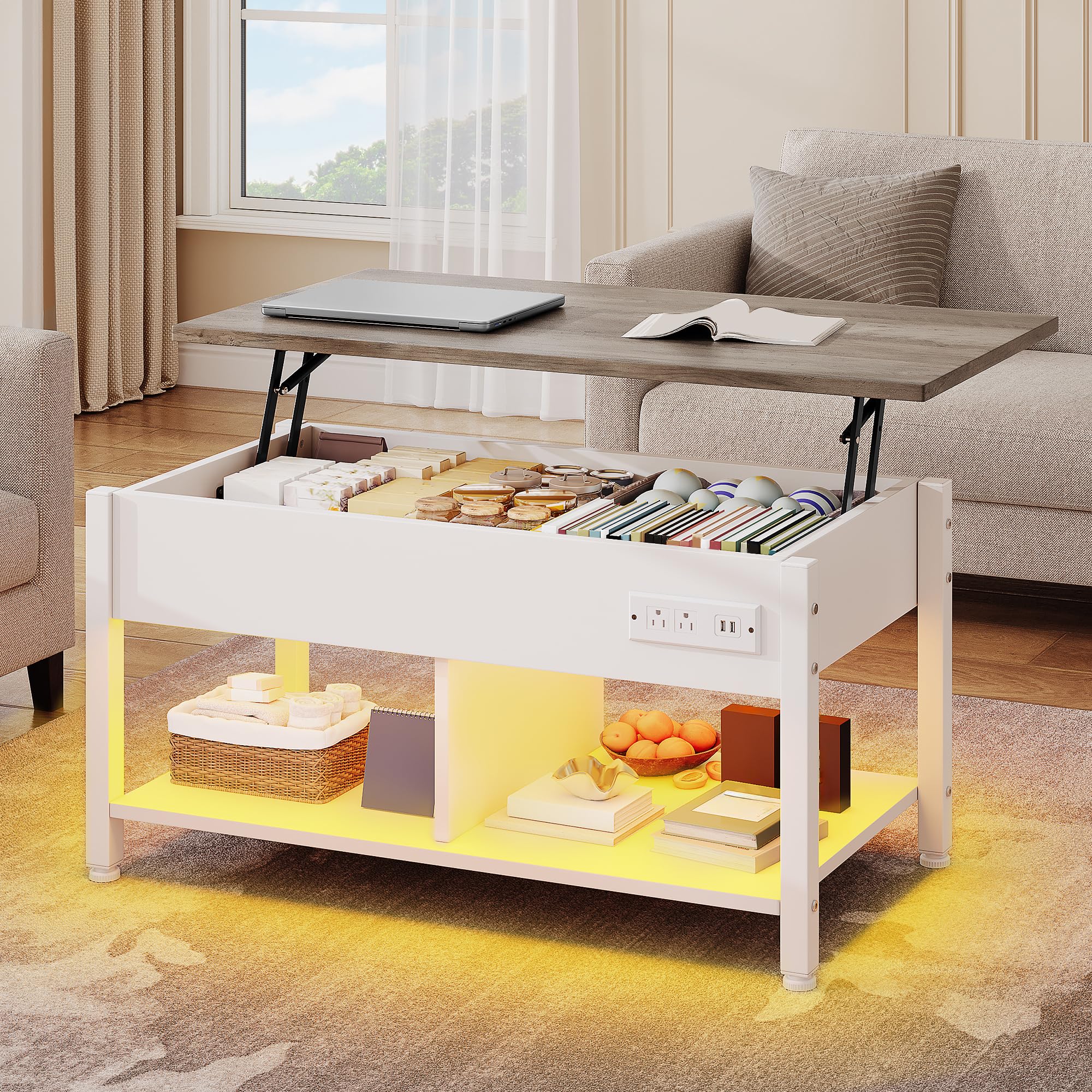 YITAHOME Lift Top Coffee Table with RGB Light, 3-in-1 Coffee Table with Power Outlets, Hidden & Open Storage, Adjustable Height, Wooden Dining Table for Living Room, Home Office, Brown