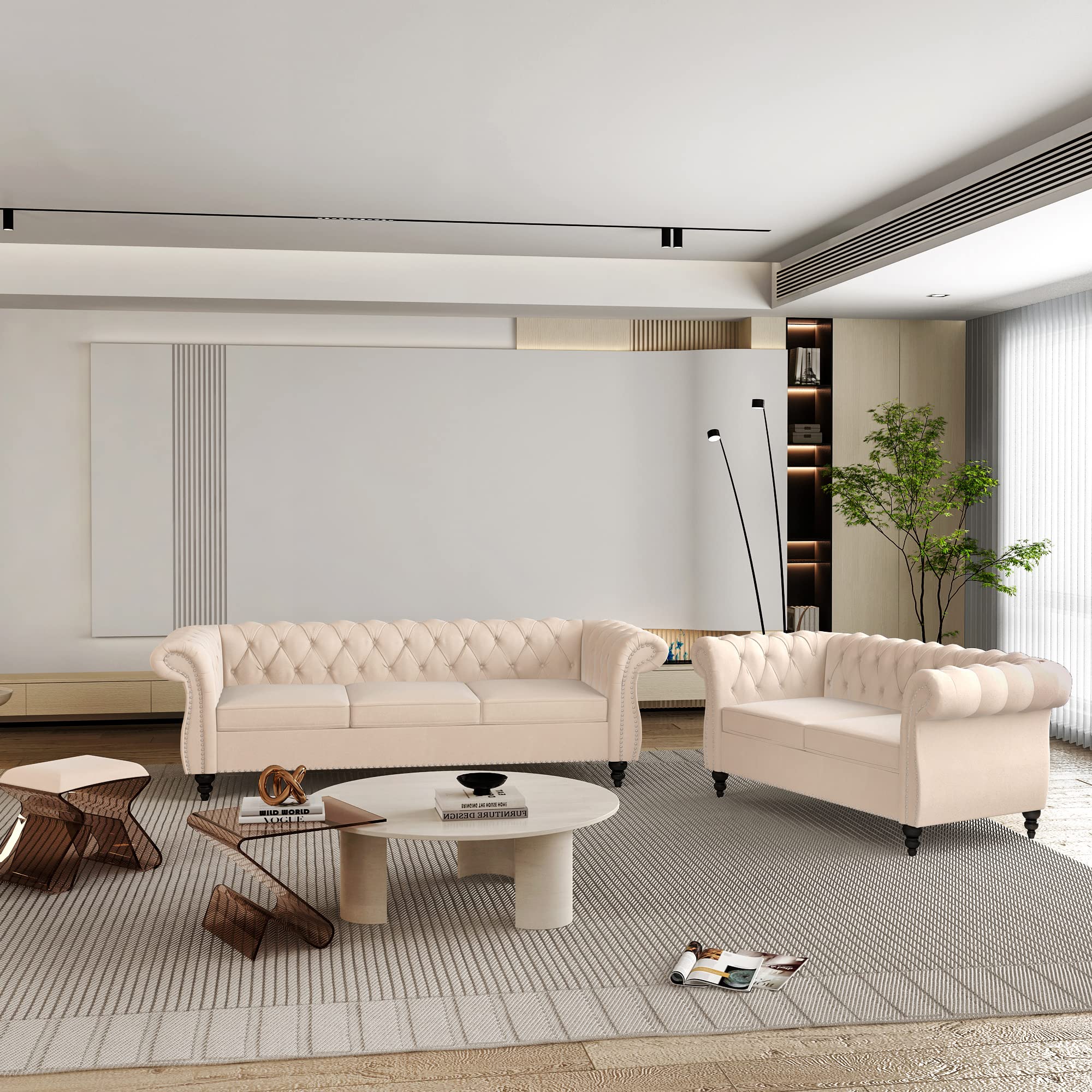 2 Piece Living Room Set, Chesterfield Leather Sofa Couch Chair with Scroll Arms and Nailhead for Living Room, Office (Dark Brown)