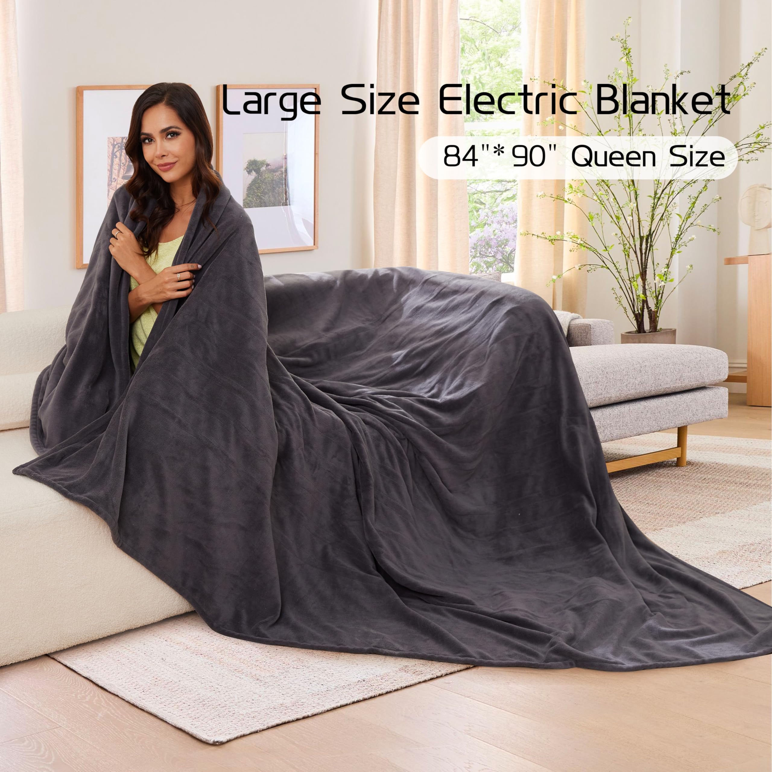 Coperta Elettrica Riscaldata 72"x84" Taglia Completa, Morbido Pile di Corallo con 4 Livelli di Riscaldamento e Spegnimento Automatico dopo 10 Ore, Lavabile in Lavatrice, Tessuto Morbido e Accogliente per la Casa, Grigio Scuro