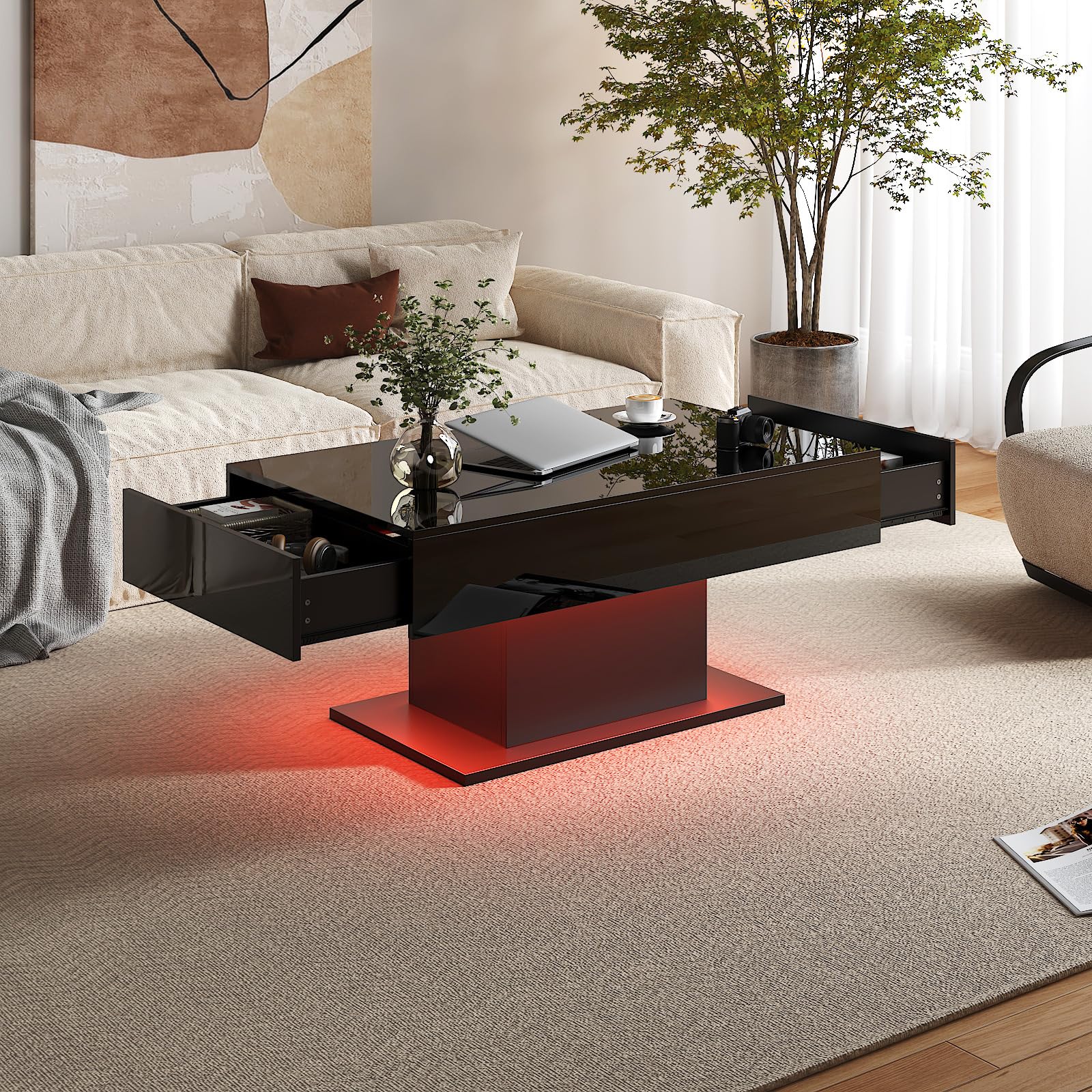 Led Coffee Table for Living Room, Living Room Table Rectangular Center Table, Modern High Glossy Wooden Coffee Tables with 16 Colors LED Lights for Dining Reception Room, White