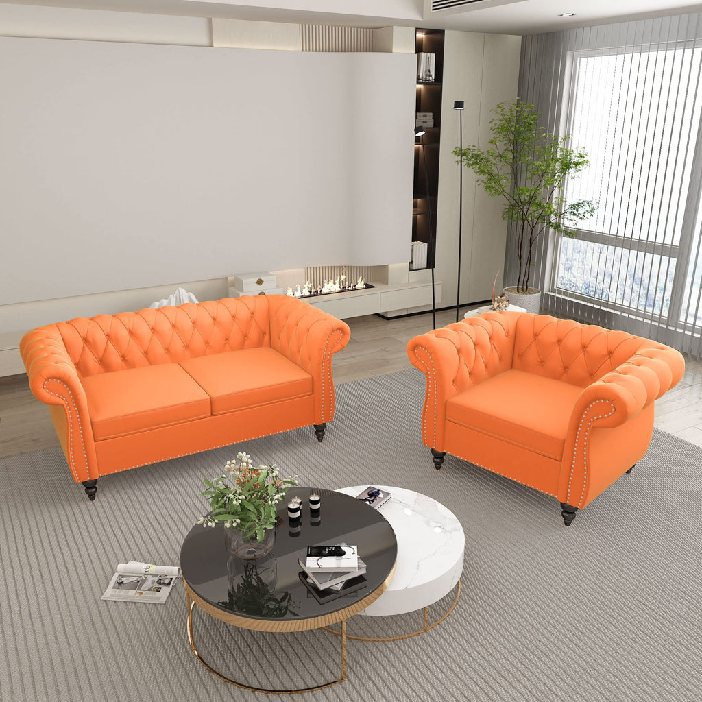 QHITTY 3 Piece Living Room Set, Sectional Chesterfield Sofa Chair Contemporary Upholstered Leather Loveseat Couch Sets for Living Room, Bedroom, Office