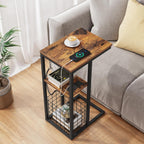 Vagusicc C Shaped End Table with Charging Station, Side Table for Couch, Small Side End Table for Small Spaces, 28" High Slide Under Sofa Table for Coffee, Tv Tray Table for Living Room, Rustic Brown